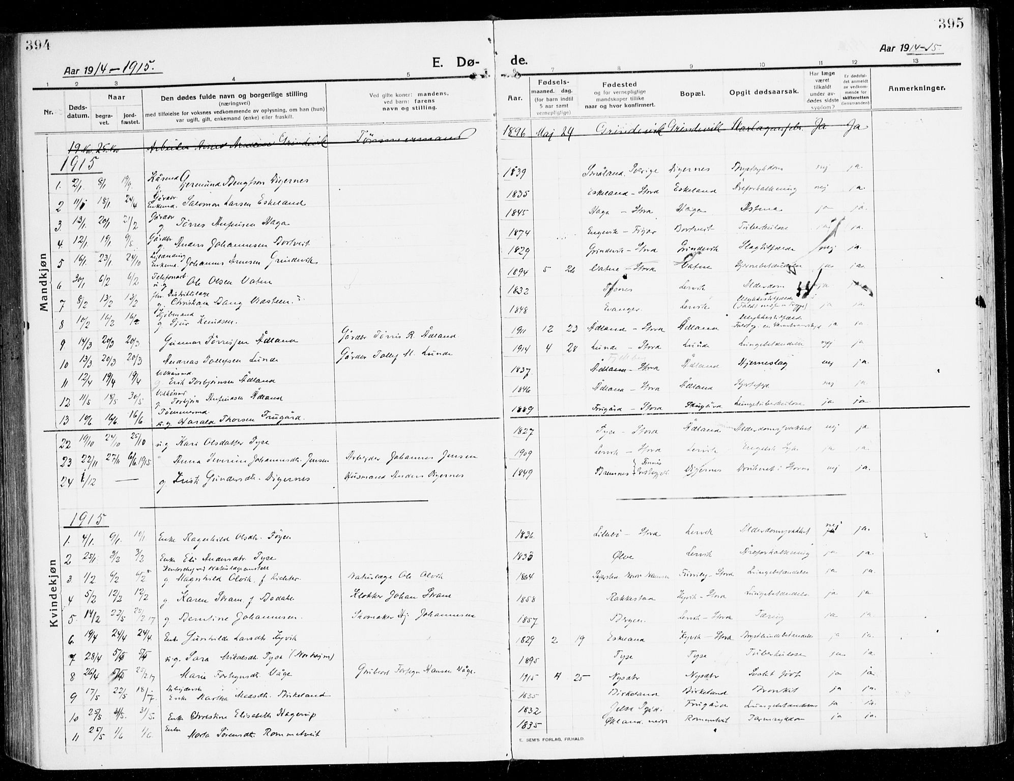 Stord sokneprestembete, AV/SAB-A-78201/H/Haa: Parish register (official) no. B 3, 1913-1925, p. 394-395