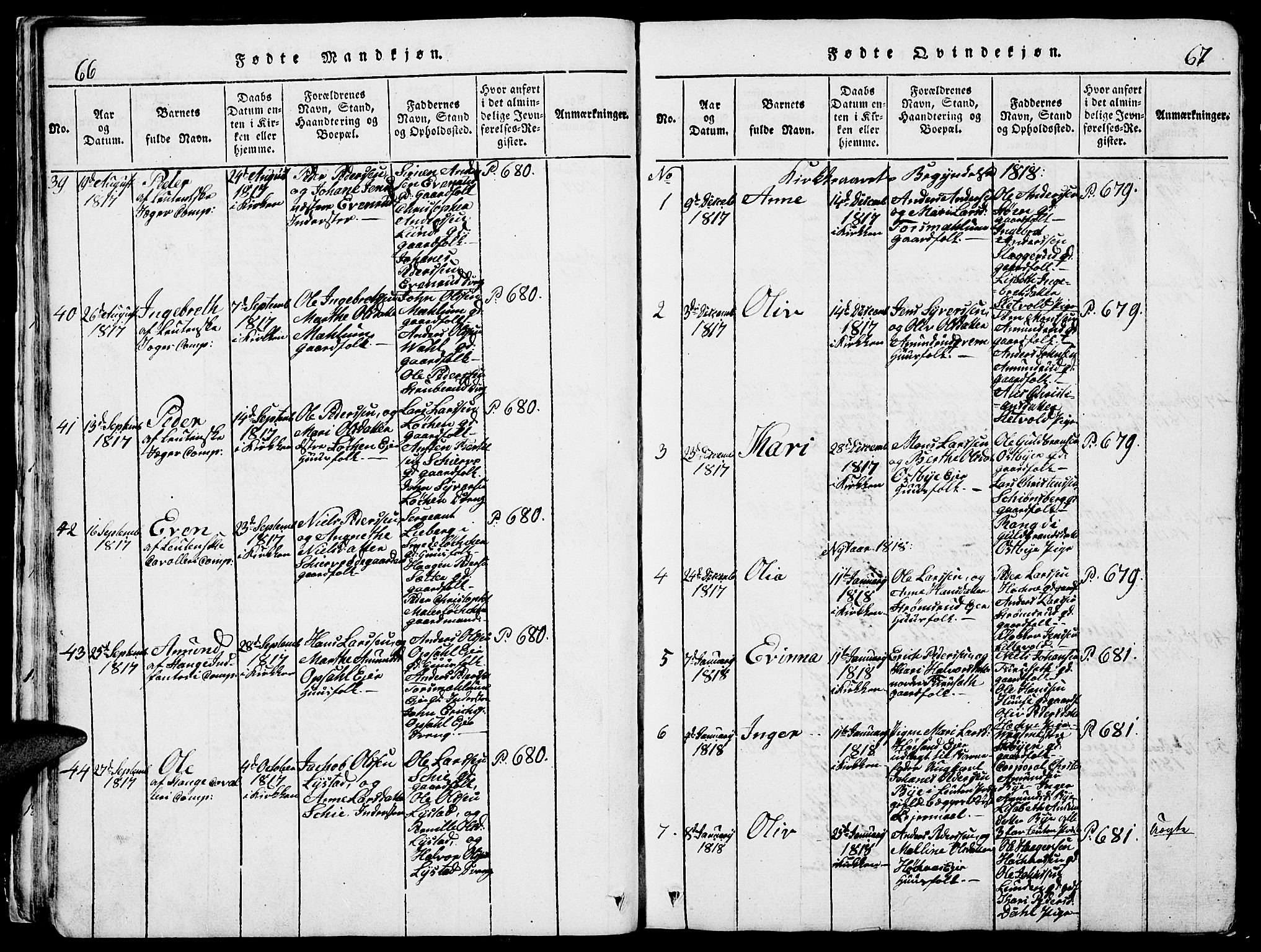 Romedal prestekontor, SAH/PREST-004/L/L0005: Parish register (copy) no. 5, 1814-1829, p. 66-67