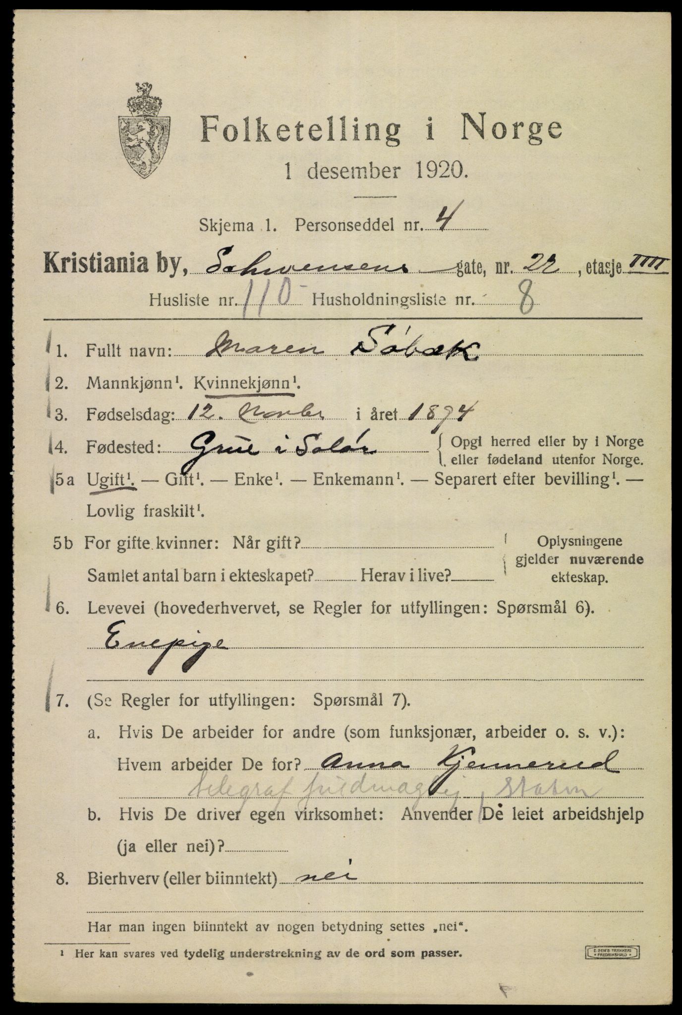 SAO, 1920 census for Kristiania, 1920, p. 501365