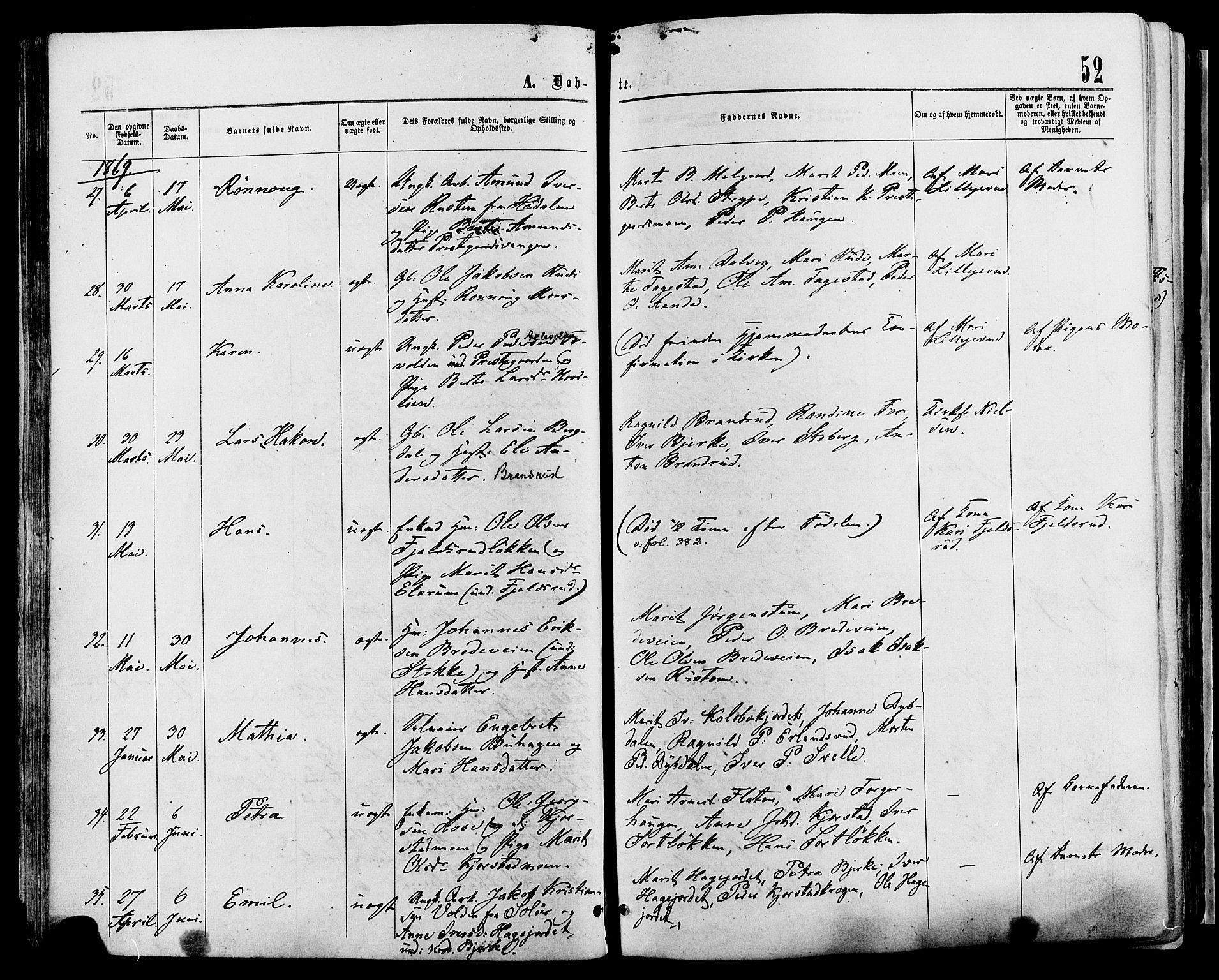 Sør-Fron prestekontor, AV/SAH-PREST-010/H/Ha/Haa/L0002: Parish register (official) no. 2, 1864-1880, p. 52