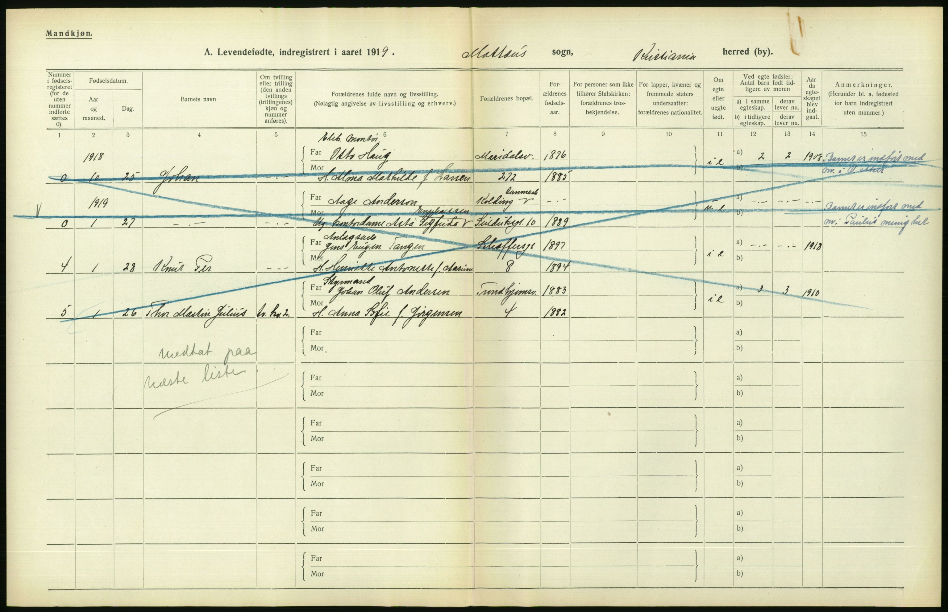 Statistisk sentralbyrå, Sosiodemografiske emner, Befolkning, AV/RA-S-2228/D/Df/Dfb/Dfbi/L0008: Kristiania: Levendefødte menn og kvinner., 1919