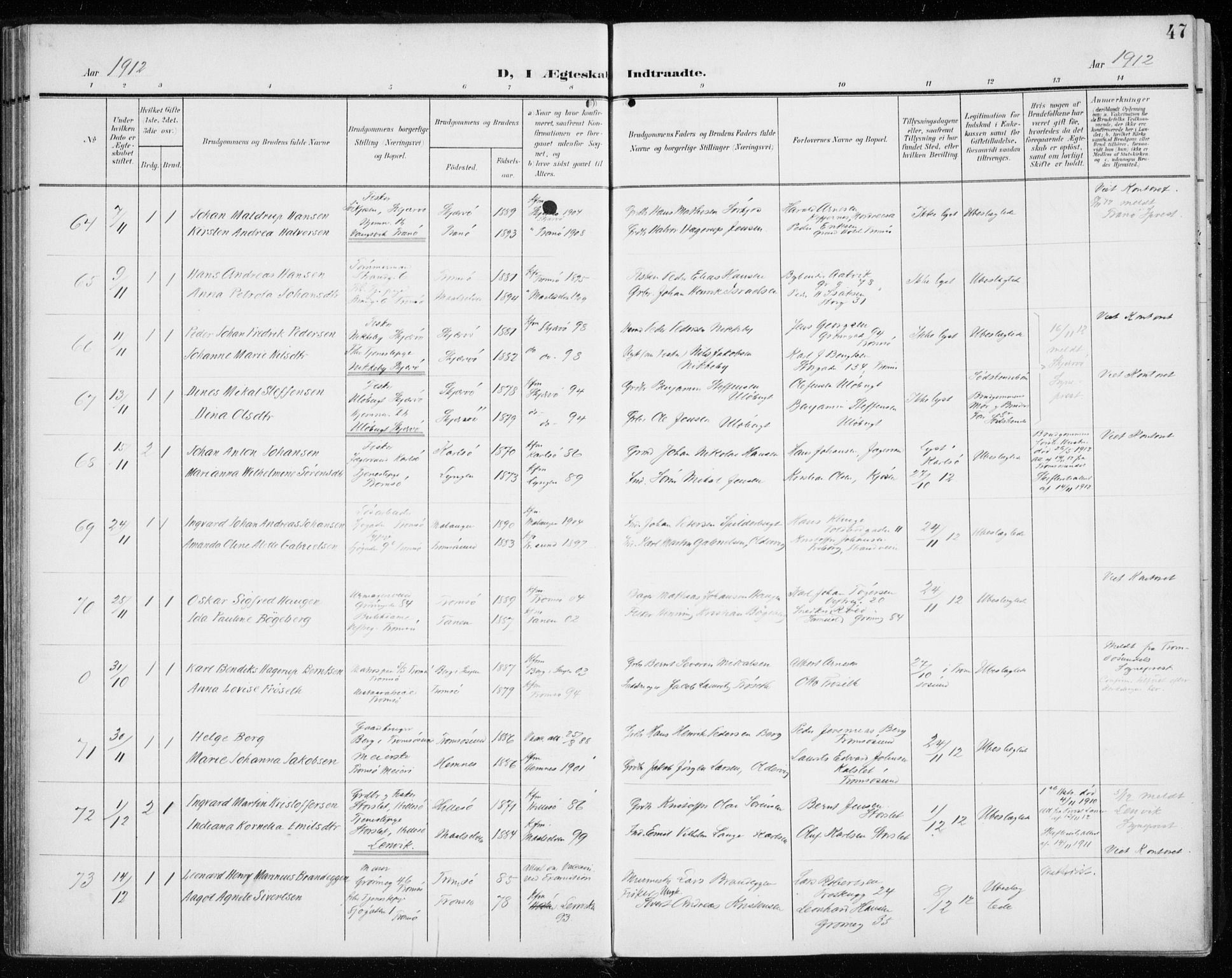 Tromsø sokneprestkontor/stiftsprosti/domprosti, AV/SATØ-S-1343/G/Ga/L0018kirke: Parish register (official) no. 18, 1907-1917, p. 47