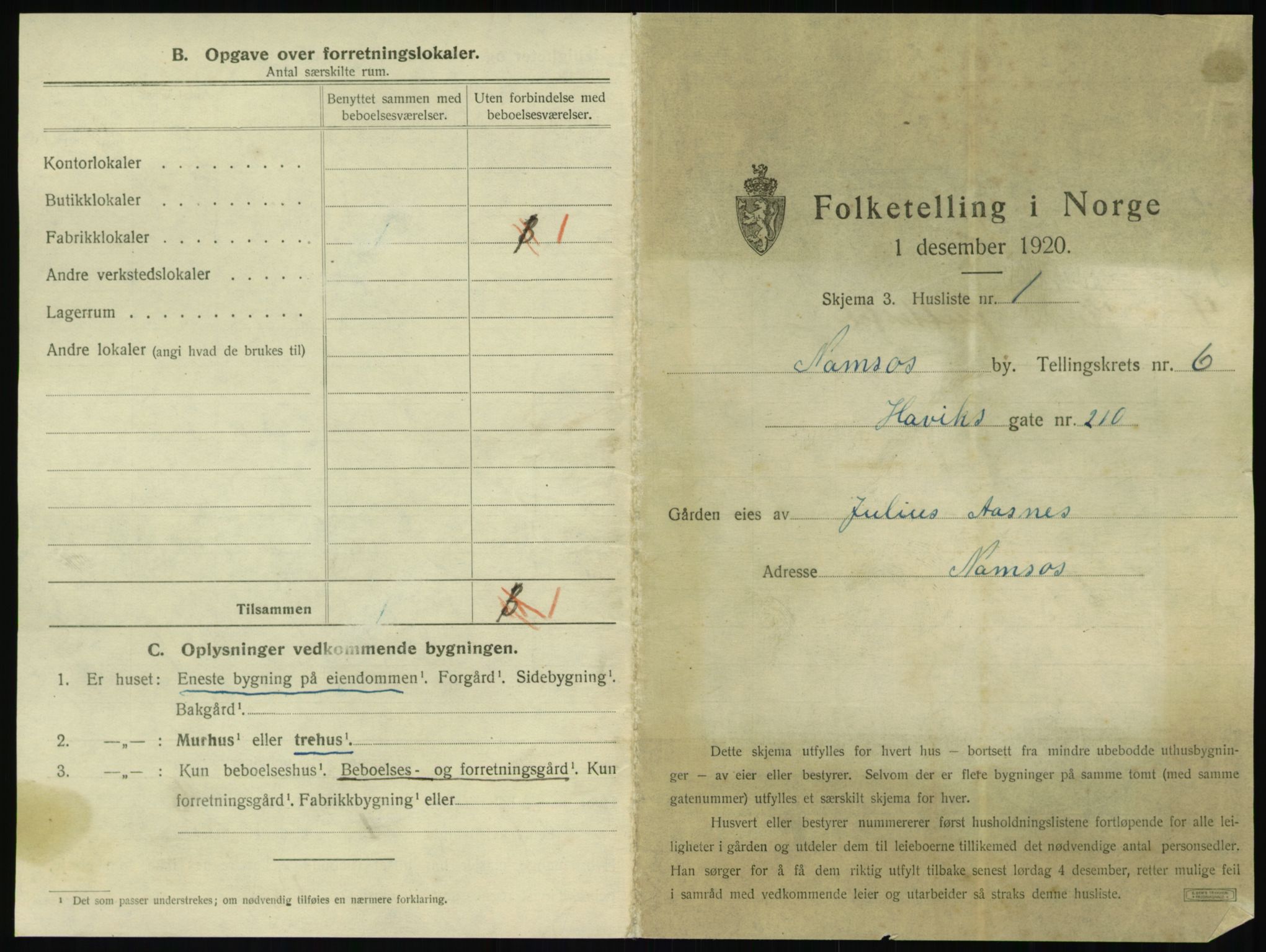 SAT, 1920 census for Namsos, 1920, p. 605