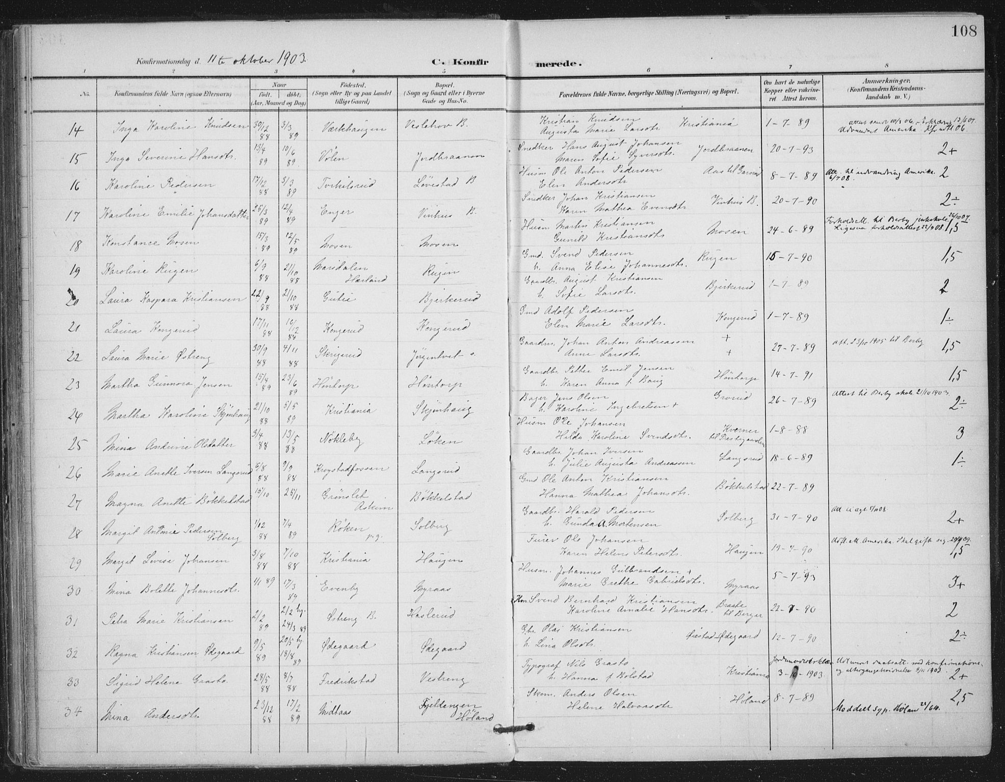 Trøgstad prestekontor Kirkebøker, SAO/A-10925/F/Fa/L0011: Parish register (official) no. I 11, 1899-1919, p. 108
