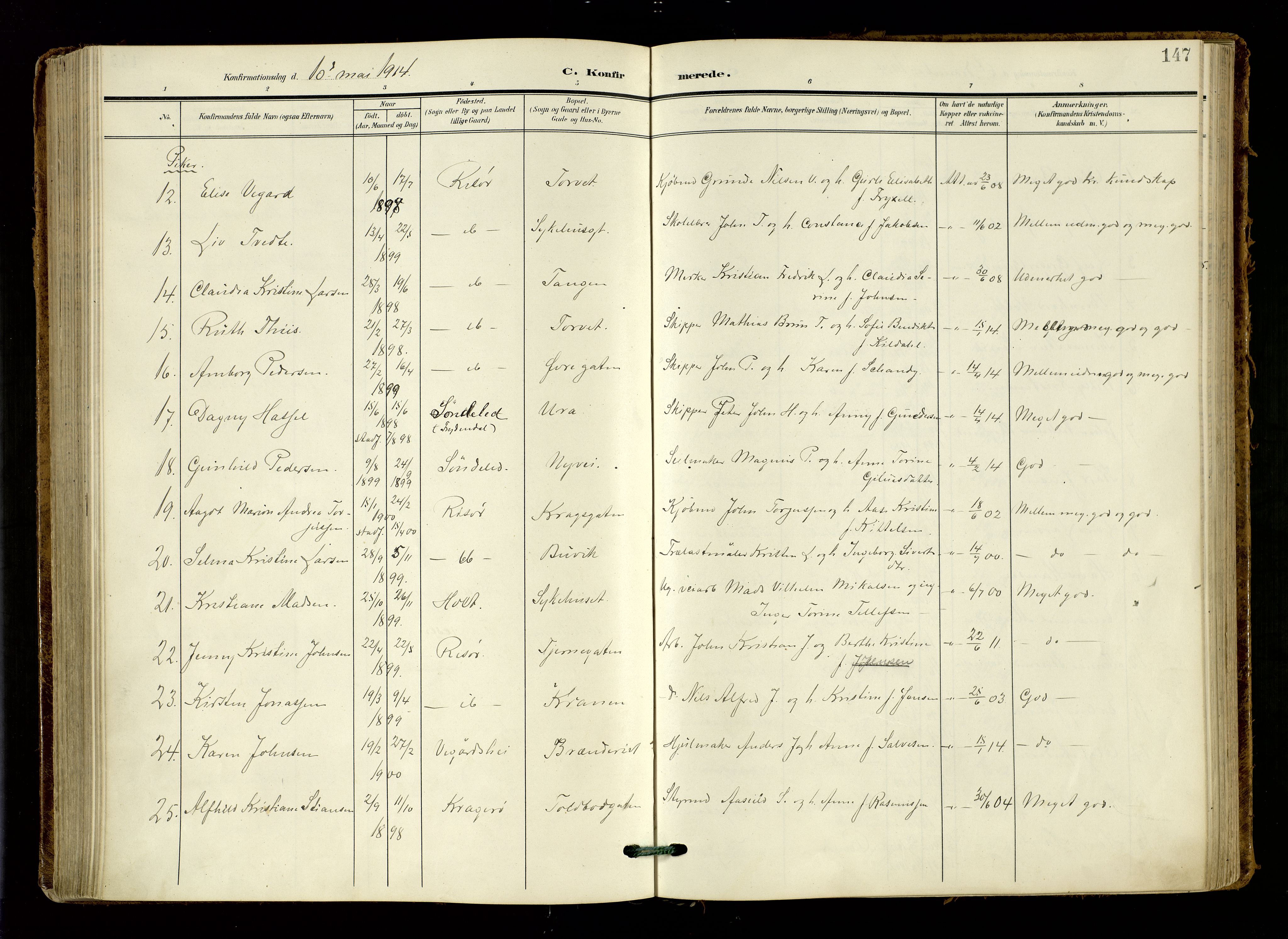 Risør sokneprestkontor, AV/SAK-1111-0035/F/Fa/L0011: Parish register (official) no. A 11, 1907-1920, p. 147