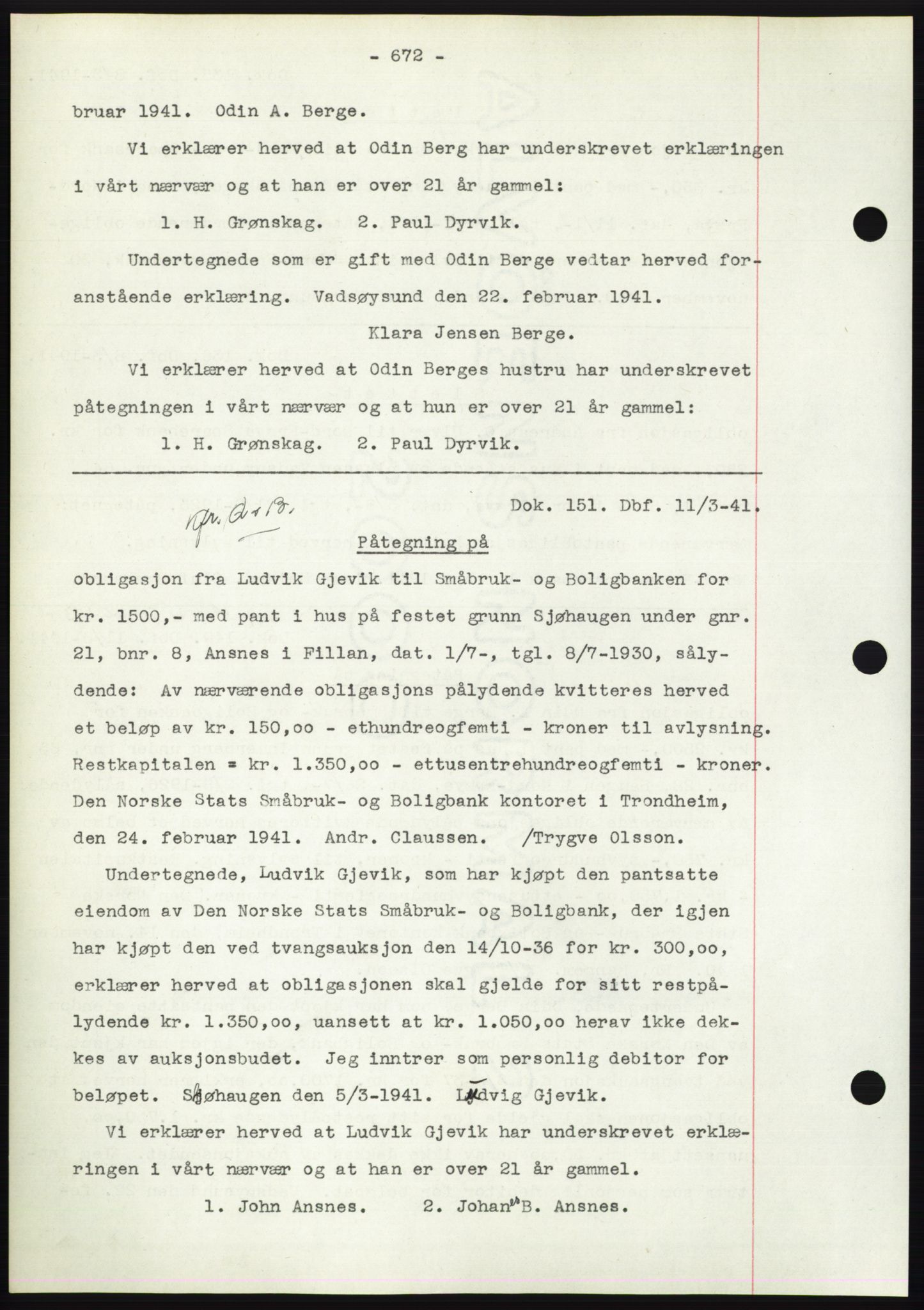 Hitra sorenskriveri, AV/SAT-A-0018/2/2C/2Ca: Mortgage book no. C1, 1936-1945, Diary no: : 151/1941