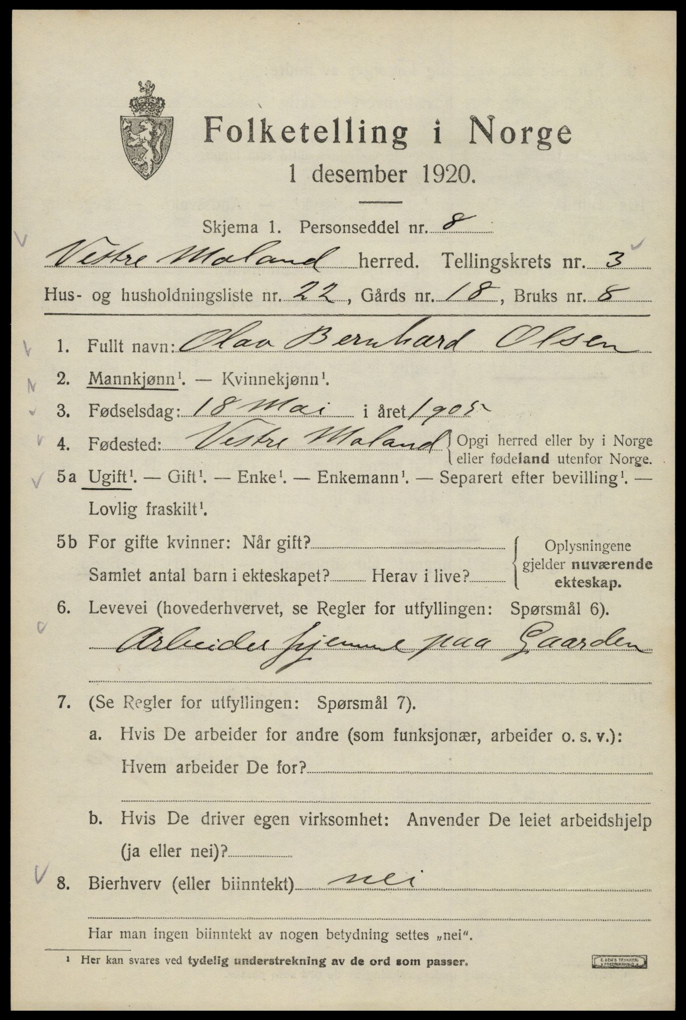 SAK, 1920 census for Vestre Moland, 1920, p. 3559