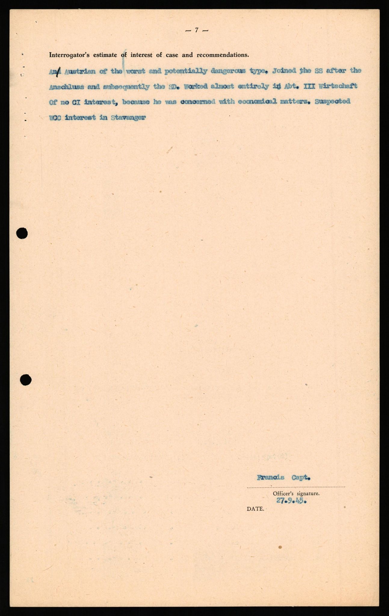 Forsvaret, Forsvarets overkommando II, AV/RA-RAFA-3915/D/Db/L0038: CI Questionaires. Tyske okkupasjonsstyrker i Norge. Østerrikere., 1945-1946, p. 70