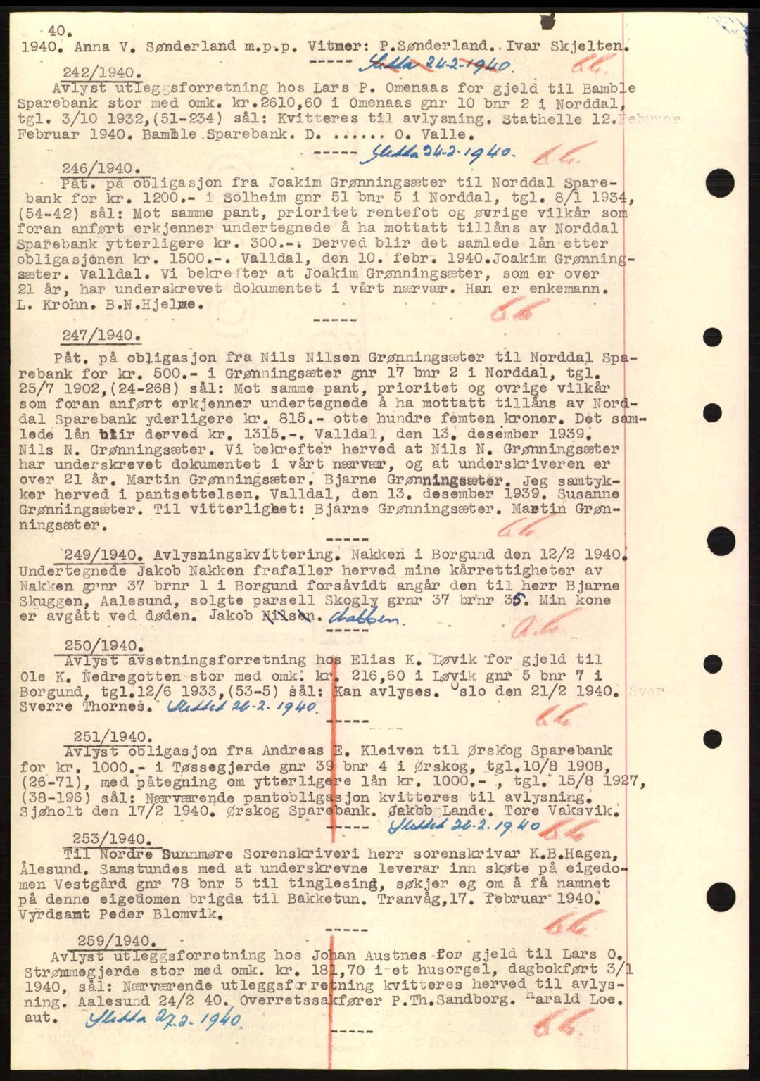 Nordre Sunnmøre sorenskriveri, SAT/A-0006/1/2/2C/2Ca: Mortgage book no. B1-6, 1938-1942, Diary no: : 242/1940