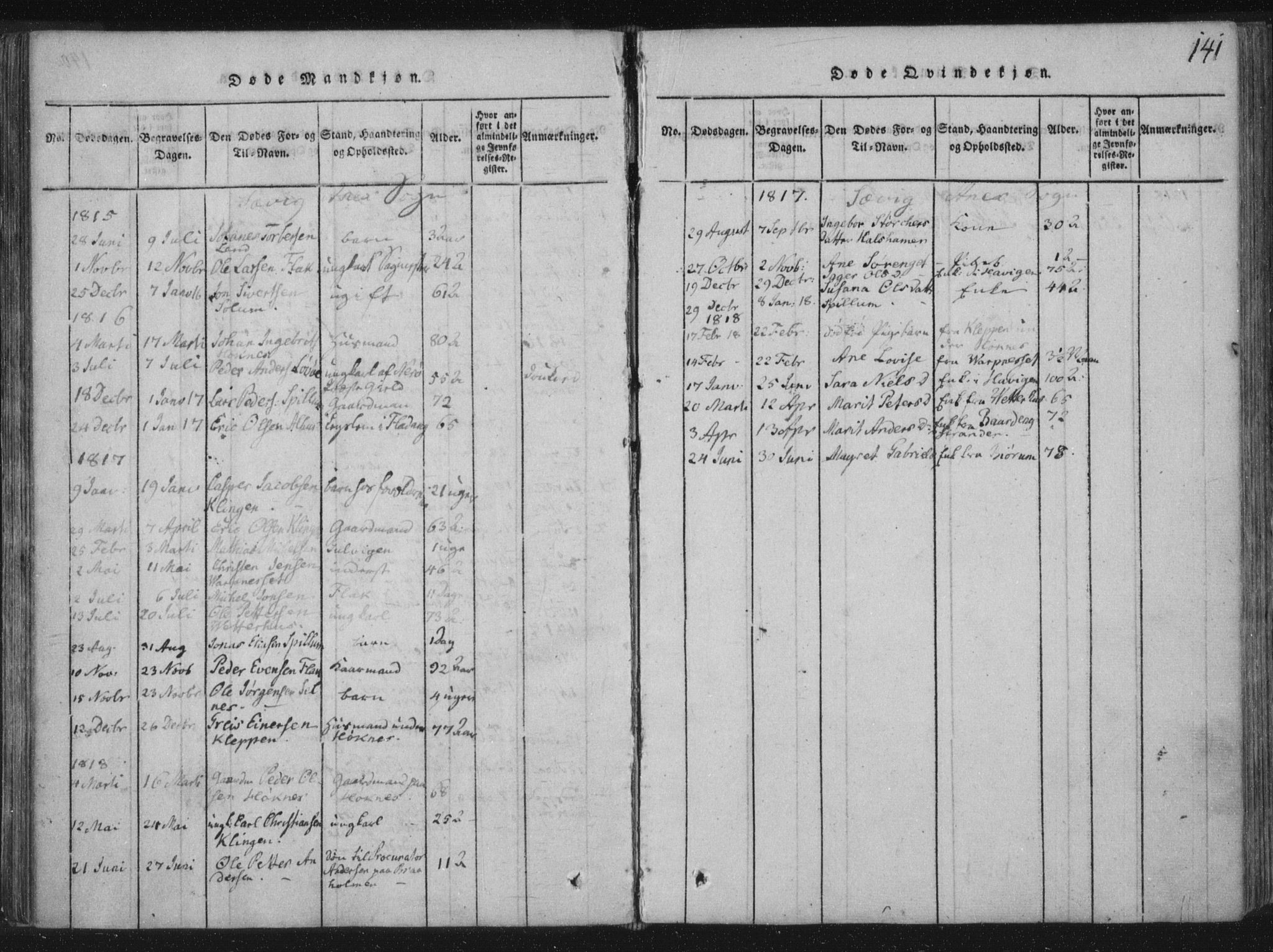 Ministerialprotokoller, klokkerbøker og fødselsregistre - Nord-Trøndelag, AV/SAT-A-1458/773/L0609: Parish register (official) no. 773A03 /4, 1815-1818, p. 141