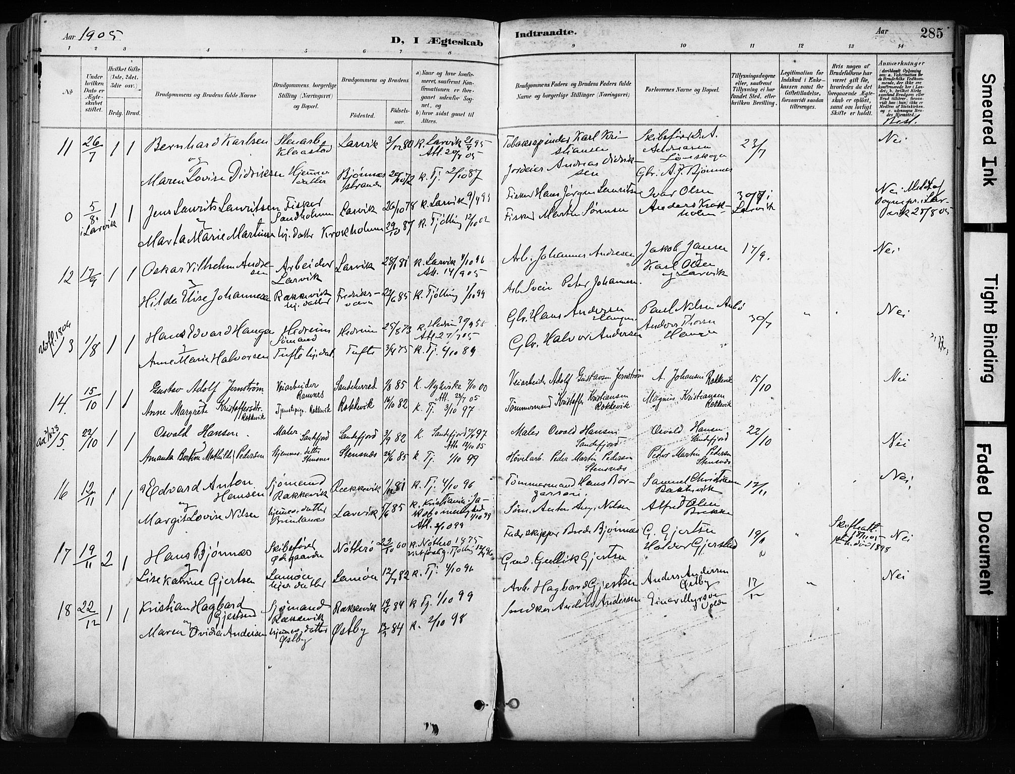 Tjølling kirkebøker, AV/SAKO-A-60/F/Fa/L0009: Parish register (official) no. 9, 1887-1905, p. 285