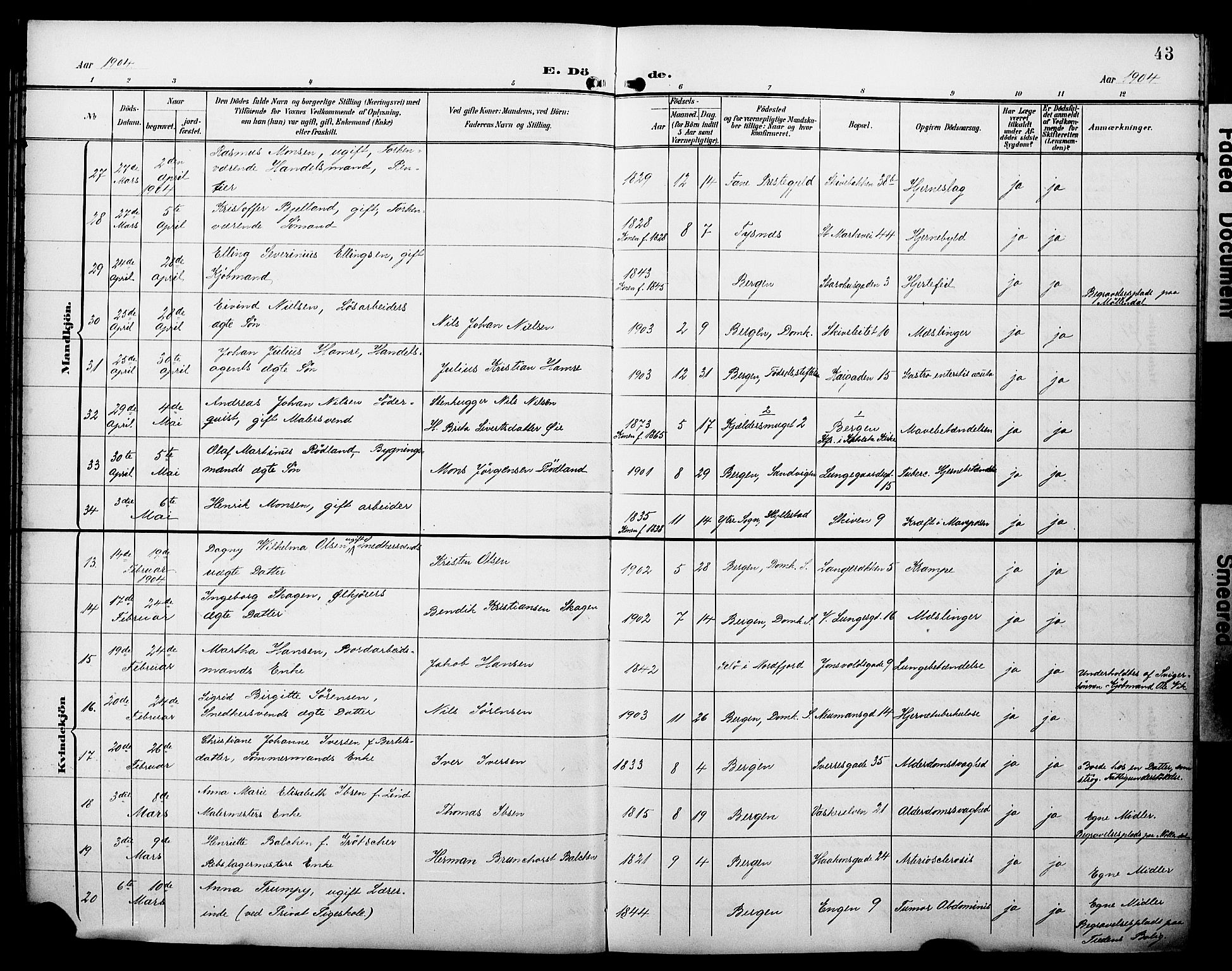 Domkirken sokneprestembete, AV/SAB-A-74801/H/Hab/L0042: Parish register (copy) no. E 6, 1900-1929, p. 43