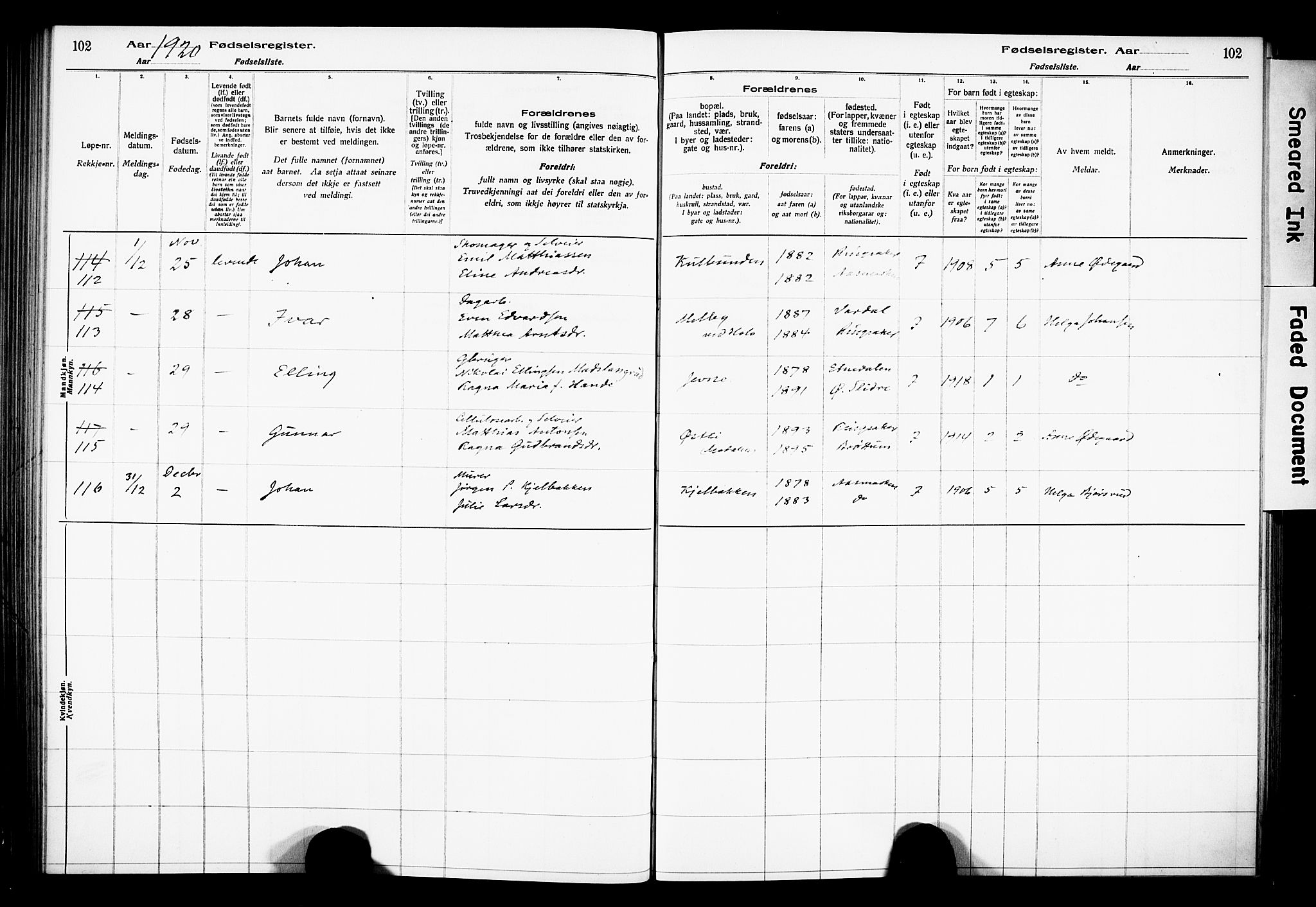 Ringsaker prestekontor, AV/SAH-PREST-014/O/Oa/L0001: Birth register no. 1, 1916-1925, p. 102