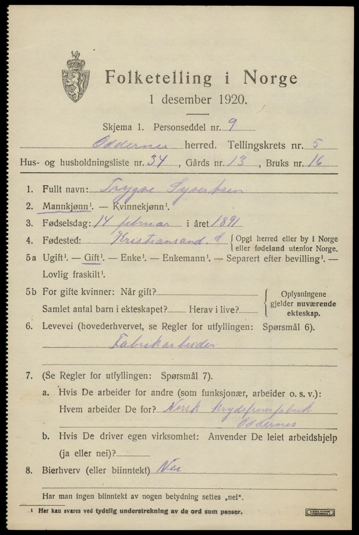 SAK, 1920 census for Oddernes, 1920, p. 4679