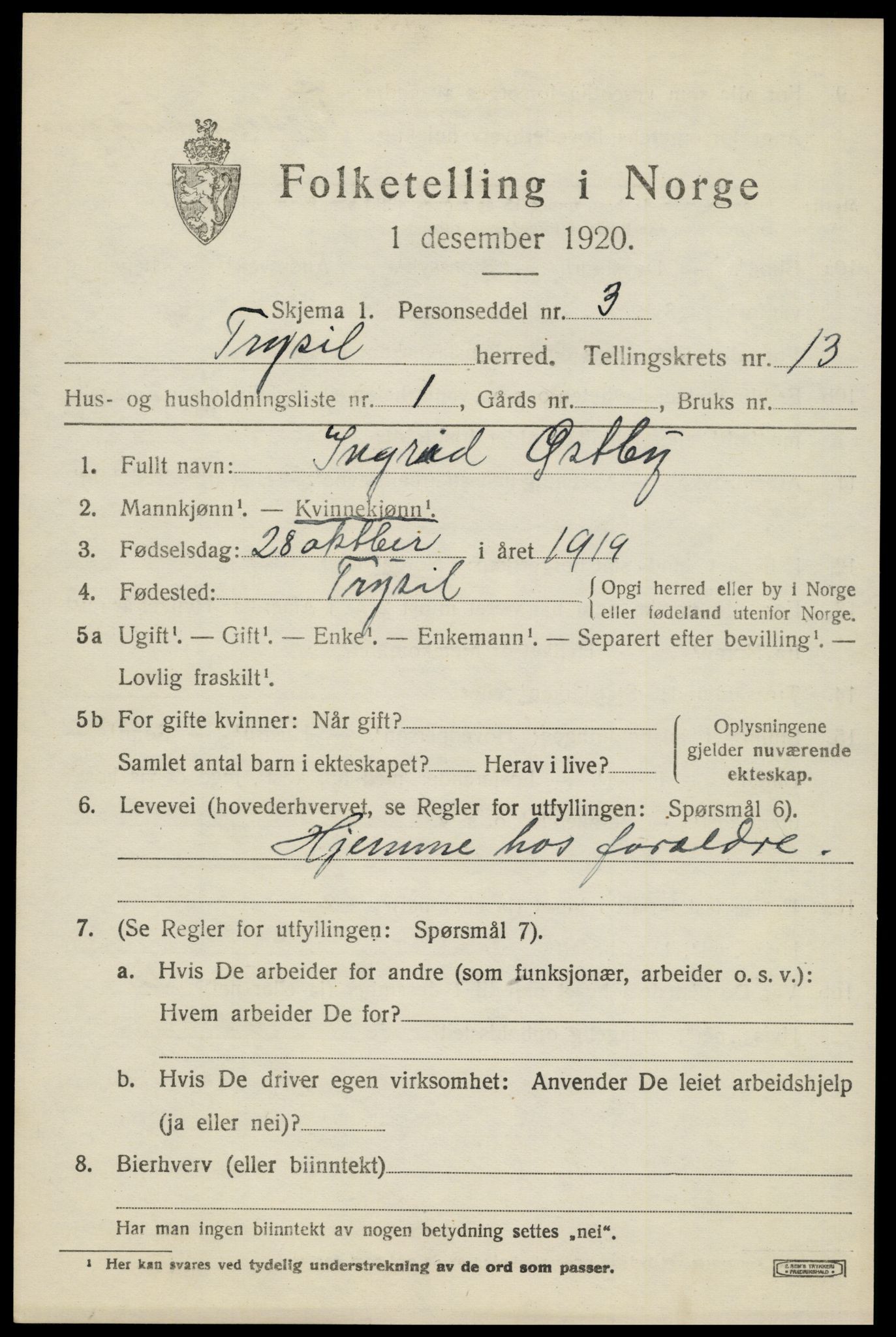 SAH, 1920 census for Trysil, 1920, p. 7635