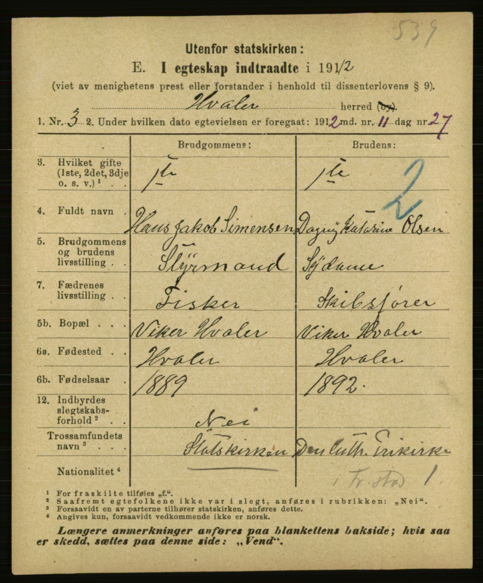 Statistisk sentralbyrå, Sosiodemografiske emner, Befolkning, AV/RA-S-2228/E/L0010: Fødte, gifte, døde dissentere., 1912, p. 1715