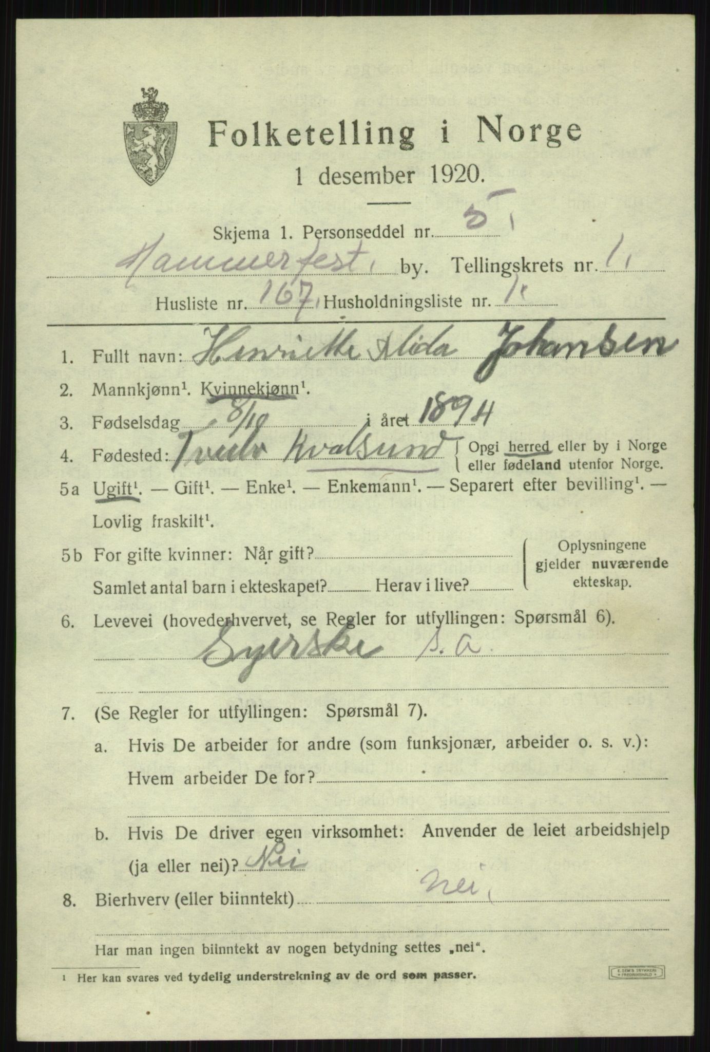 SATØ, 1920 census for Hammerfest, 1920, p. 4785