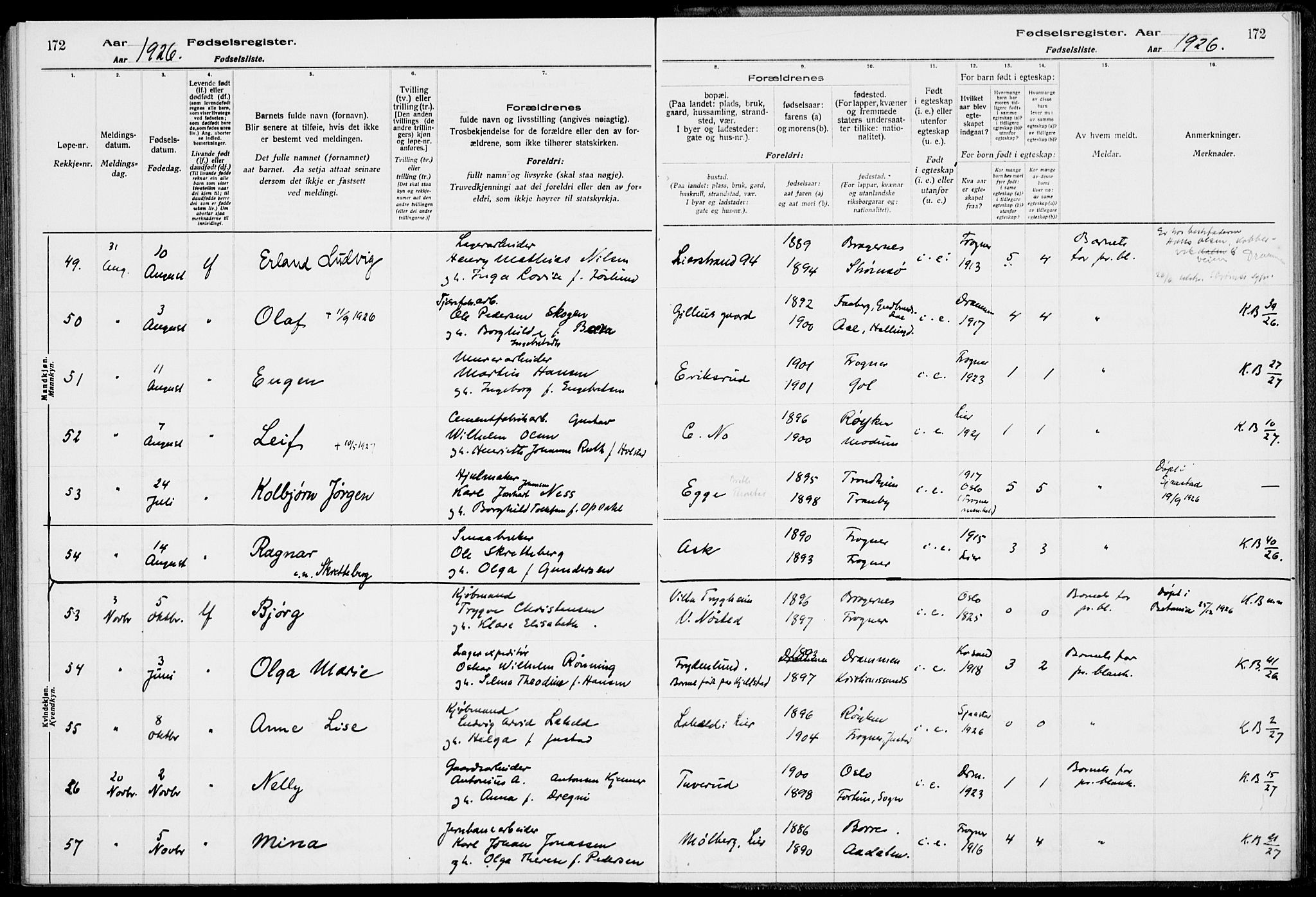 Lier kirkebøker, AV/SAKO-A-230/J/Ja/L0001: Birth register no. 1, 1916-1928, p. 172