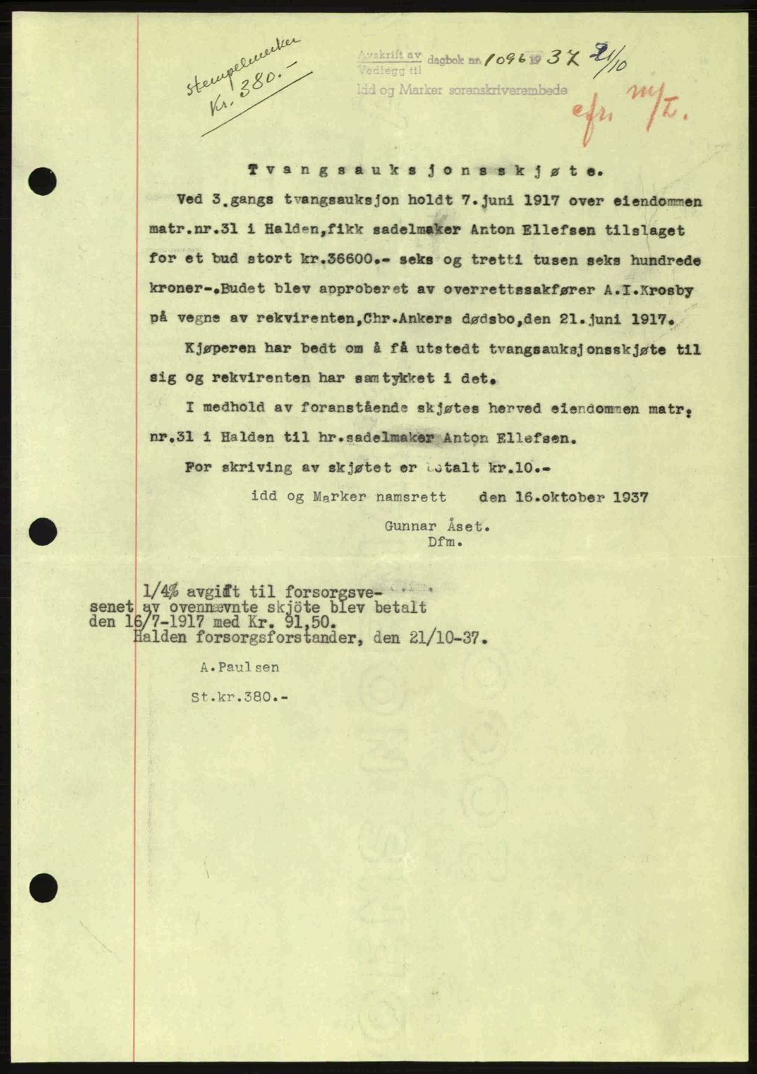 Idd og Marker sorenskriveri, AV/SAO-A-10283/G/Gb/Gbb/L0002: Mortgage book no. A2, 1937-1938, Diary no: : 1096/1937