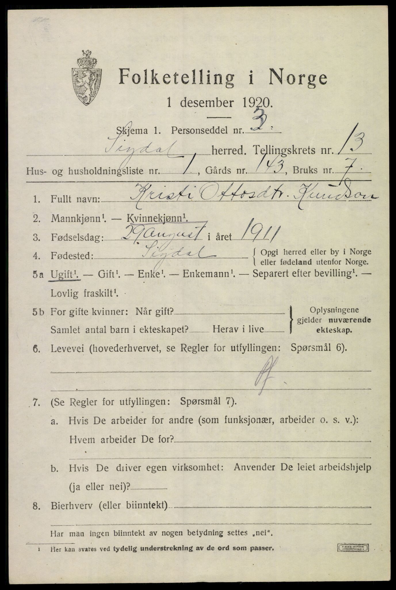 SAKO, 1920 census for Sigdal, 1920, p. 8068