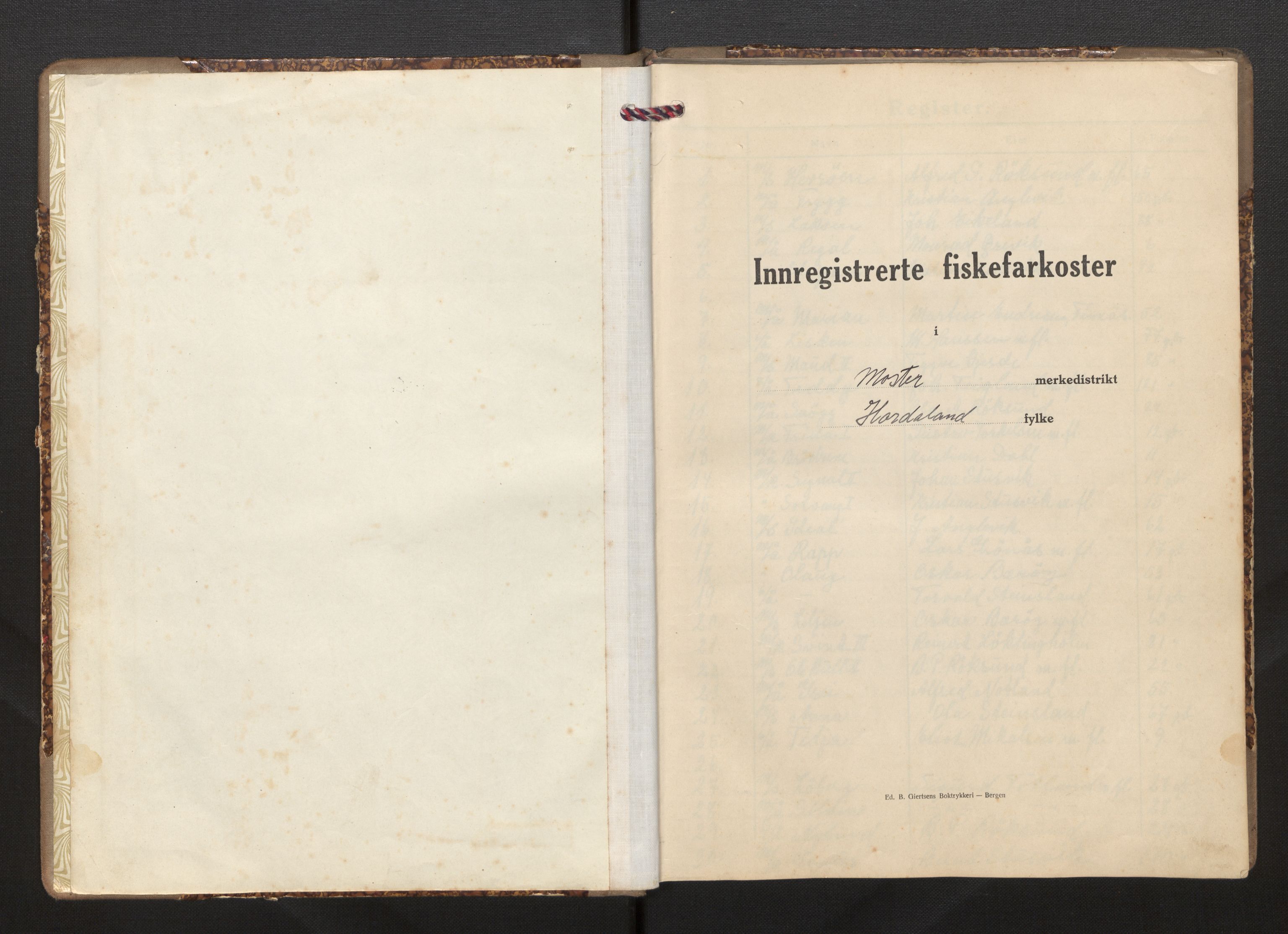 Fiskeridirektoratet - 1 Adm. ledelse - 13 Båtkontoret, AV/SAB-A-2003/I/Ia/Iah/L0096: 135.0834/2 Merkeprotokoll - Moster, 1937-1944