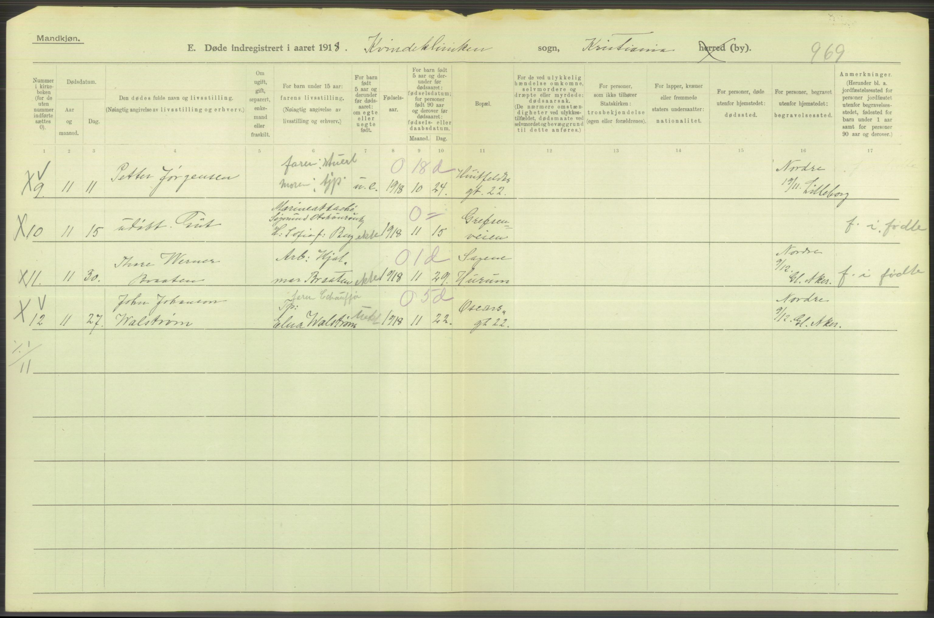 Statistisk sentralbyrå, Sosiodemografiske emner, Befolkning, AV/RA-S-2228/D/Df/Dfb/Dfbh/L0011: Kristiania: Døde, dødfødte, 1918, p. 278