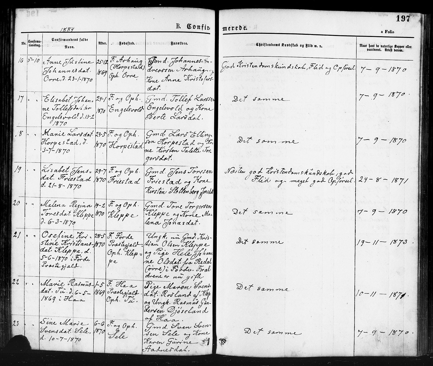 Klepp sokneprestkontor, AV/SAST-A-101803/001/3/30BA/L0006: Parish register (official) no. A 6, 1871-1885, p. 197