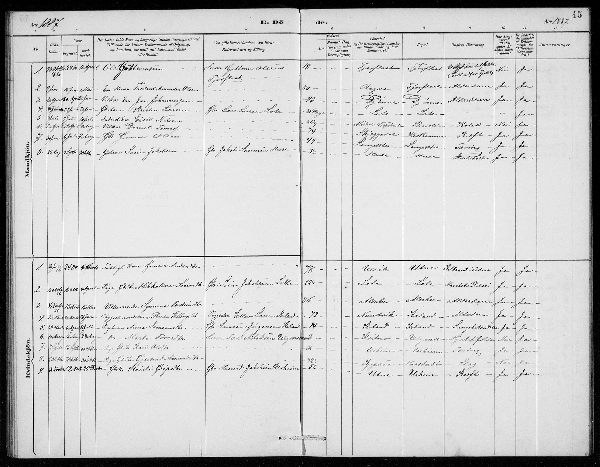 Ullensvang sokneprestembete, SAB/A-78701/H/Hab: Parish register (copy) no. E  9, 1886-1938, p. 45