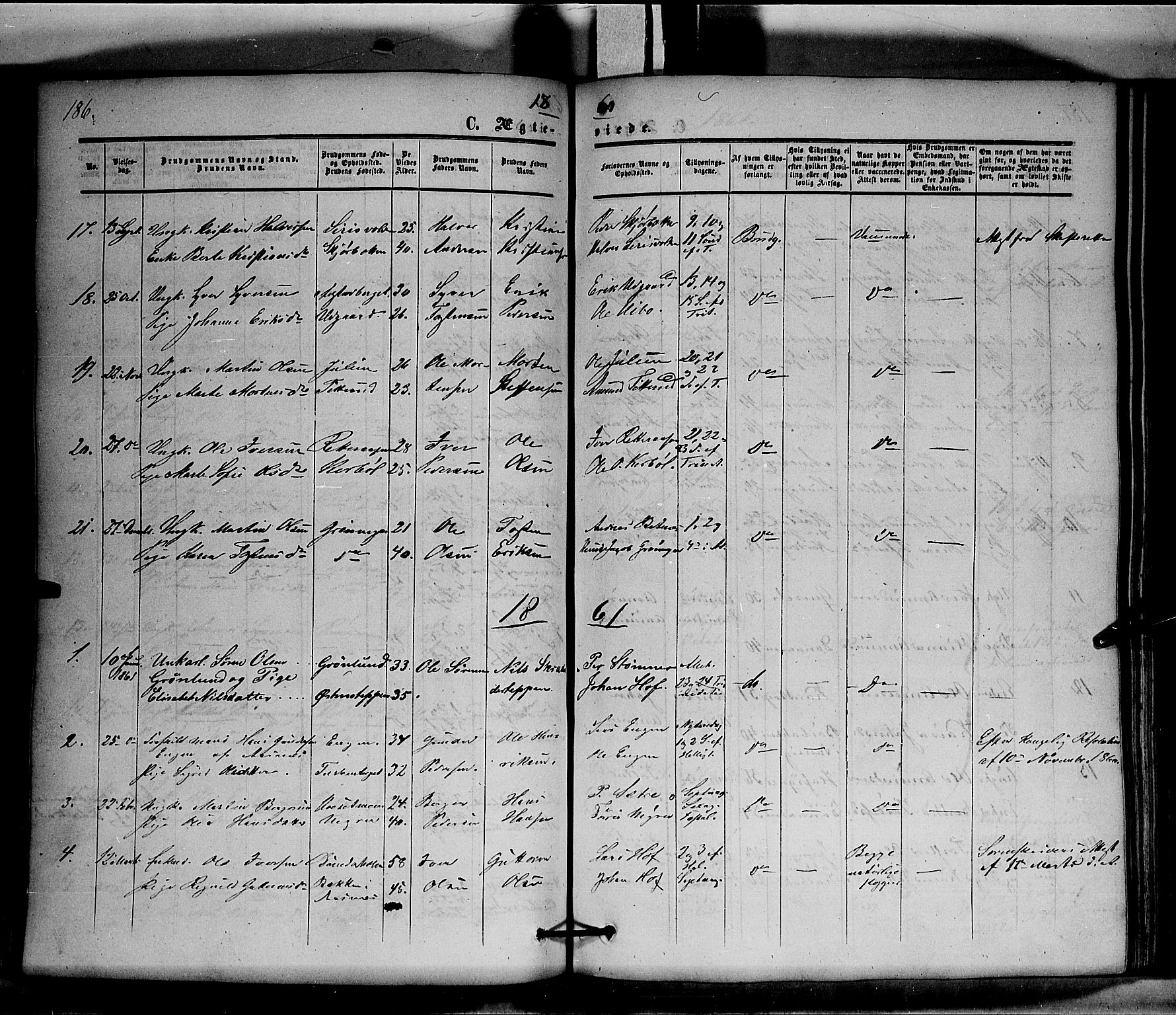 Hof prestekontor, SAH/PREST-038/H/Ha/Haa/L0008: Parish register (official) no. 8, 1849-1861, p. 186