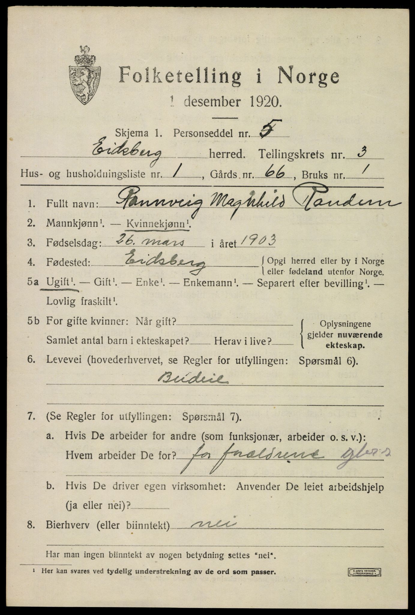 SAO, 1920 census for Eidsberg, 1920, p. 3987