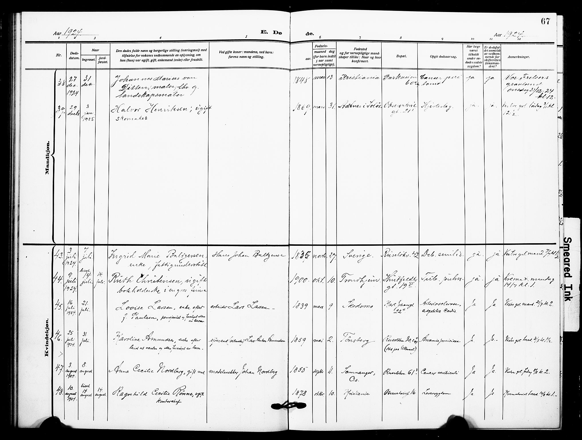 Johannes prestekontor Kirkebøker, AV/SAO-A-10852/F/Fa/L0012: Parish register (official) no. 12, 1918-1930, p. 67