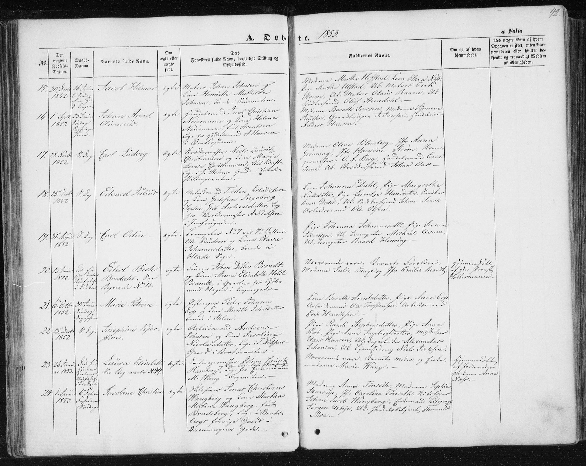 Ministerialprotokoller, klokkerbøker og fødselsregistre - Sør-Trøndelag, SAT/A-1456/602/L0112: Parish register (official) no. 602A10, 1848-1859, p. 42