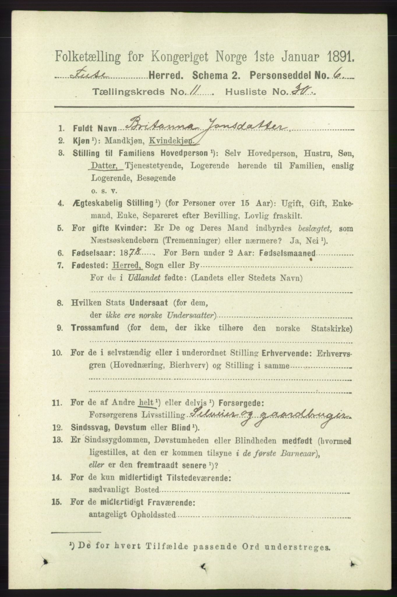 RA, 1891 census for 1241 Fusa, 1891, p. 2287