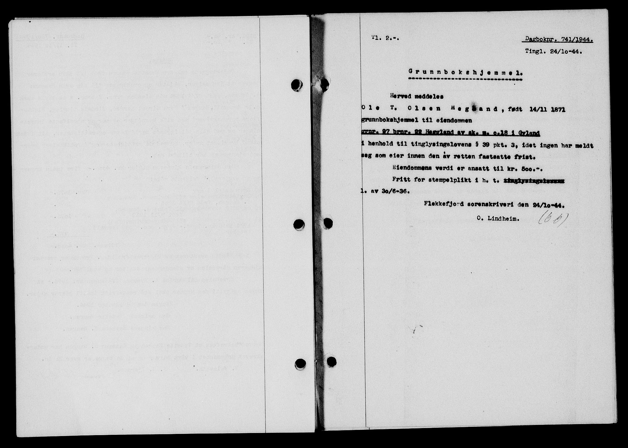 Flekkefjord sorenskriveri, SAK/1221-0001/G/Gb/Gba/L0059: Mortgage book no. A-7, 1944-1945, Diary no: : 741/1944