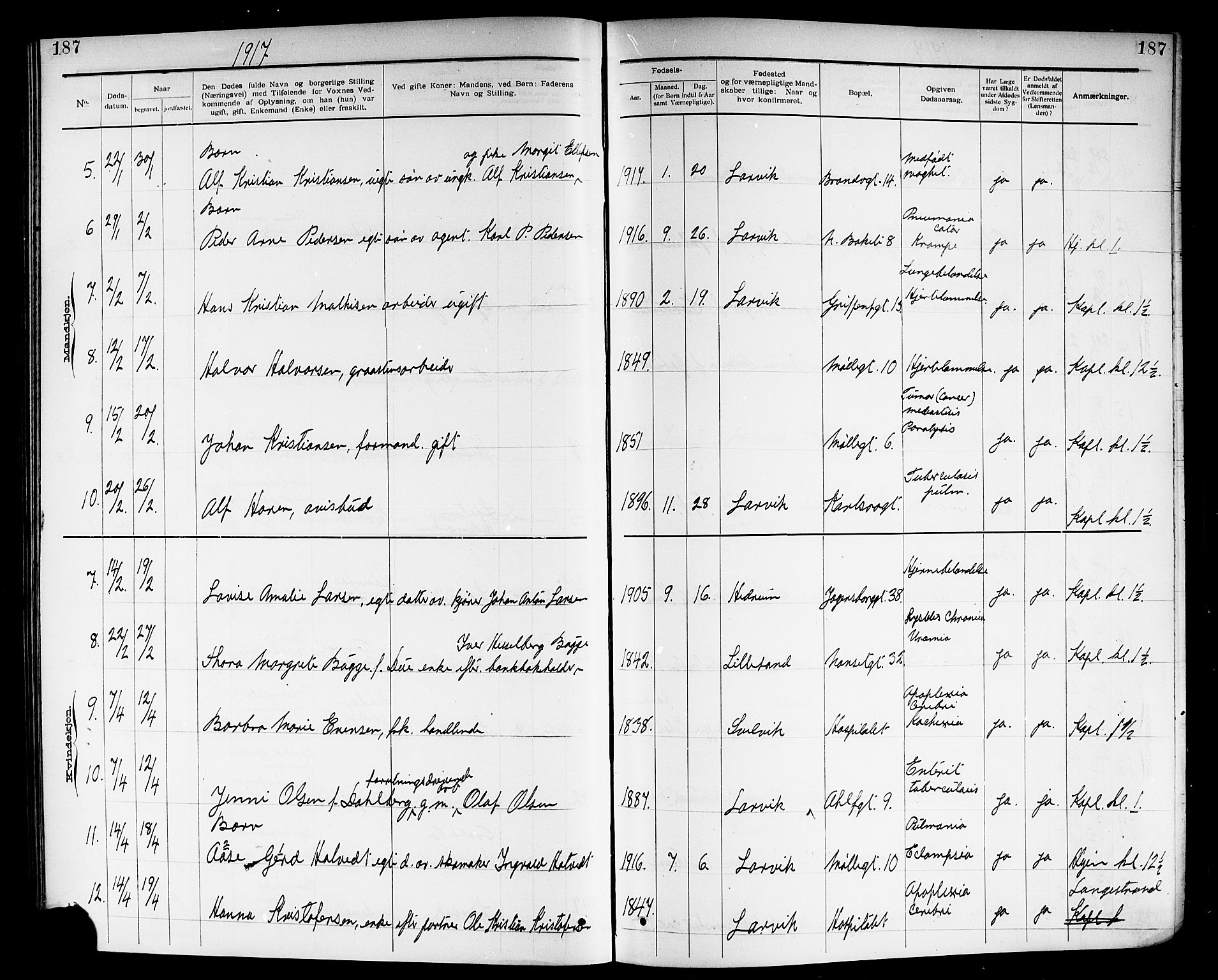 Larvik kirkebøker, SAKO/A-352/G/Ga/L0007: Parish register (copy) no. I 7, 1888-1918, p. 187
