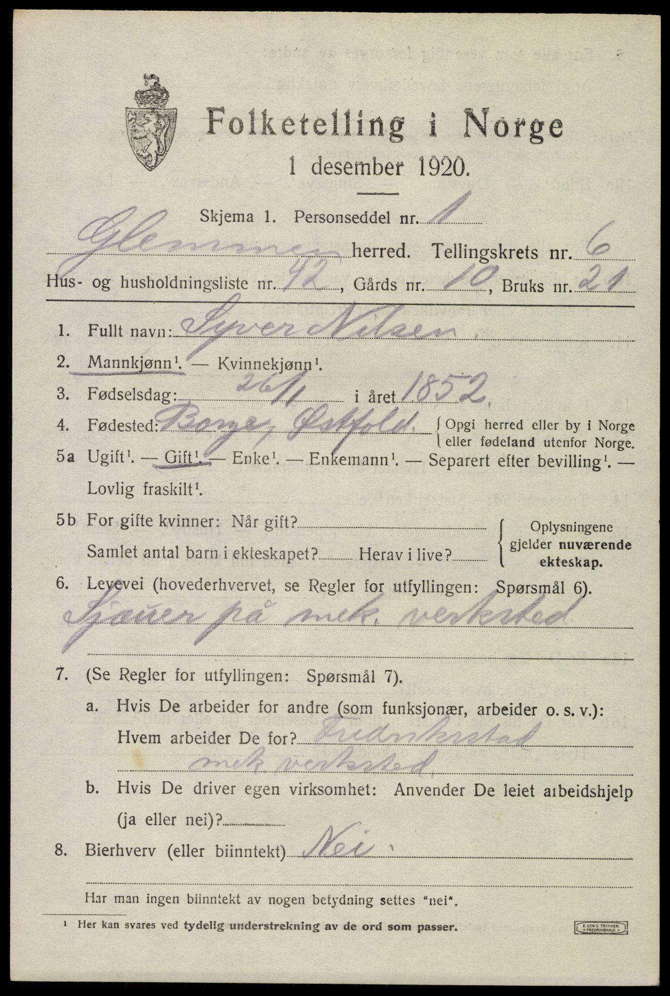 SAO, 1920 census for Glemmen, 1920, p. 22189