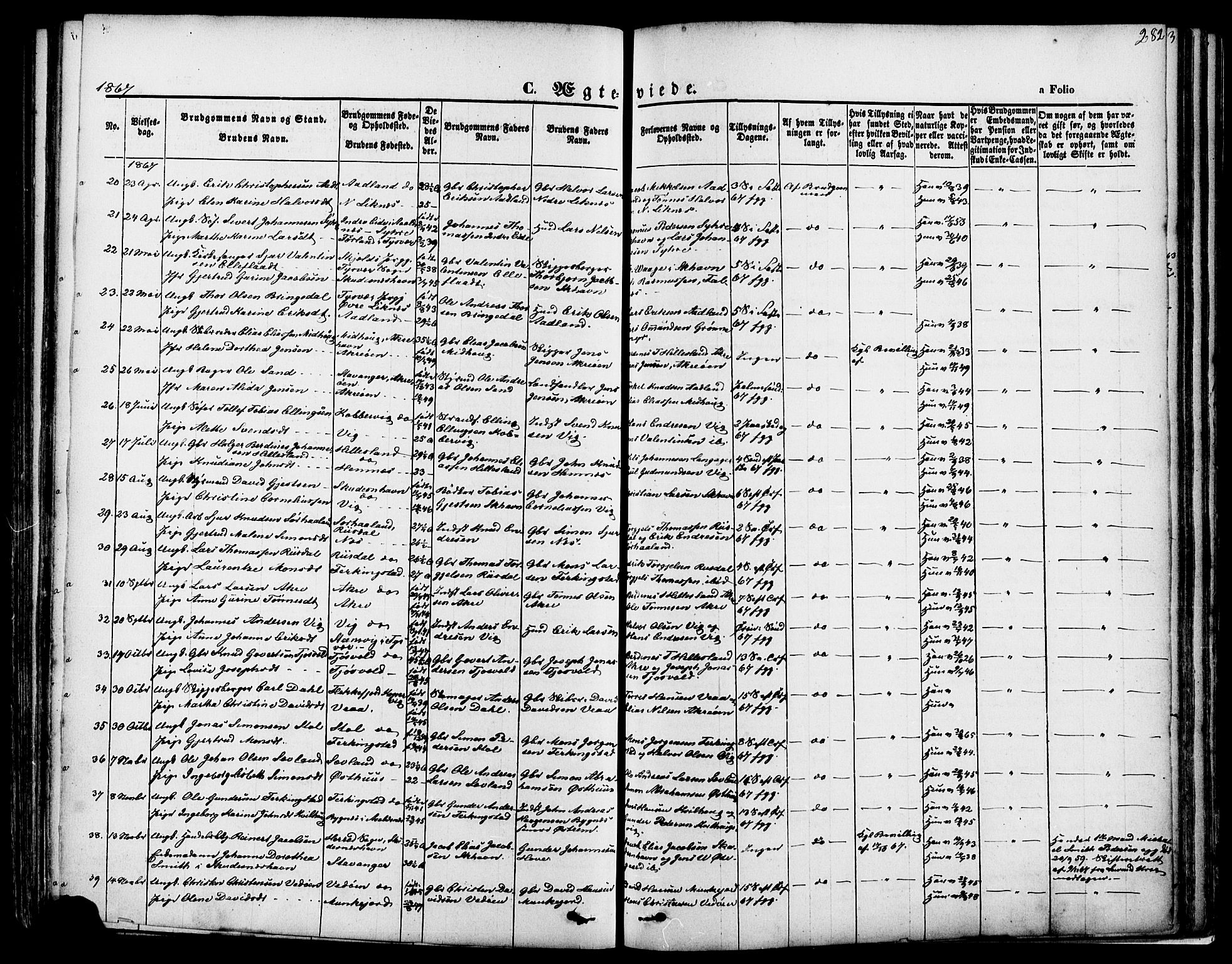 Skudenes sokneprestkontor, SAST/A -101849/H/Ha/Haa/L0006: Parish register (official) no. A 4, 1864-1881, p. 282