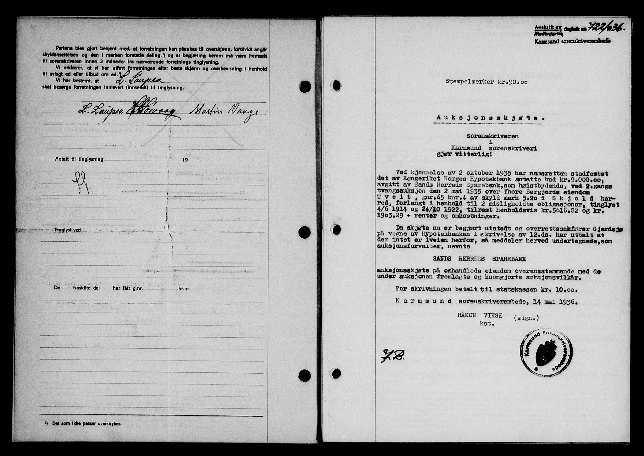 Karmsund sorenskriveri, SAST/A-100311/01/II/IIB/L0066: Mortgage book no. 47A, 1936-1936, Diary no: : 722/1936