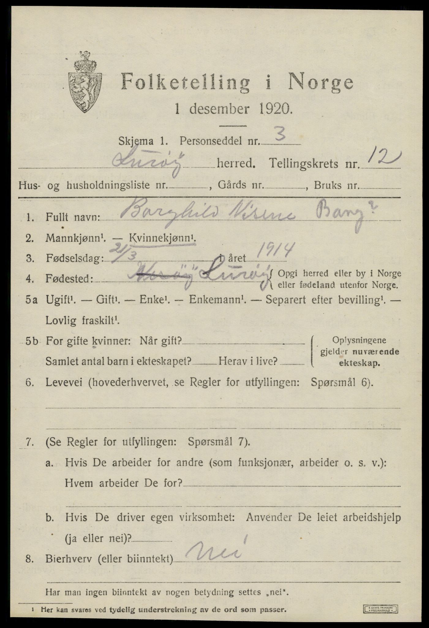 SAT, 1920 census for Lurøy, 1920, p. 4955