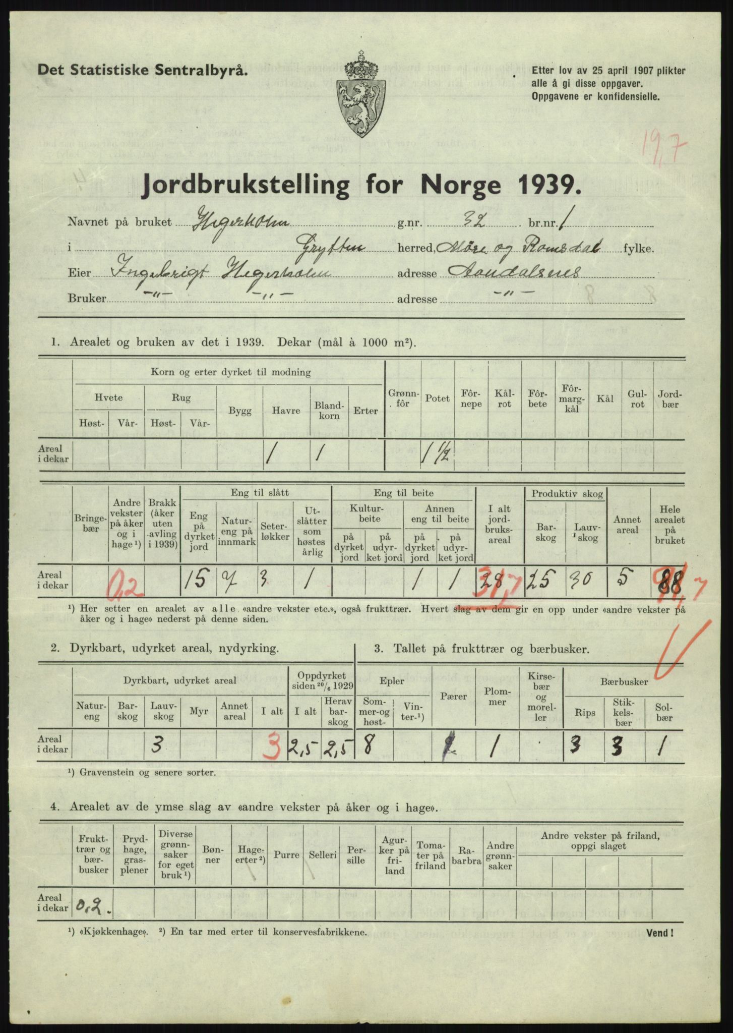 Statistisk sentralbyrå, Næringsøkonomiske emner, Jordbruk, skogbruk, jakt, fiske og fangst, AV/RA-S-2234/G/Gb/L0251: Møre og Romsdal: Voll, Eid, Grytten og Hen, 1939, p. 647