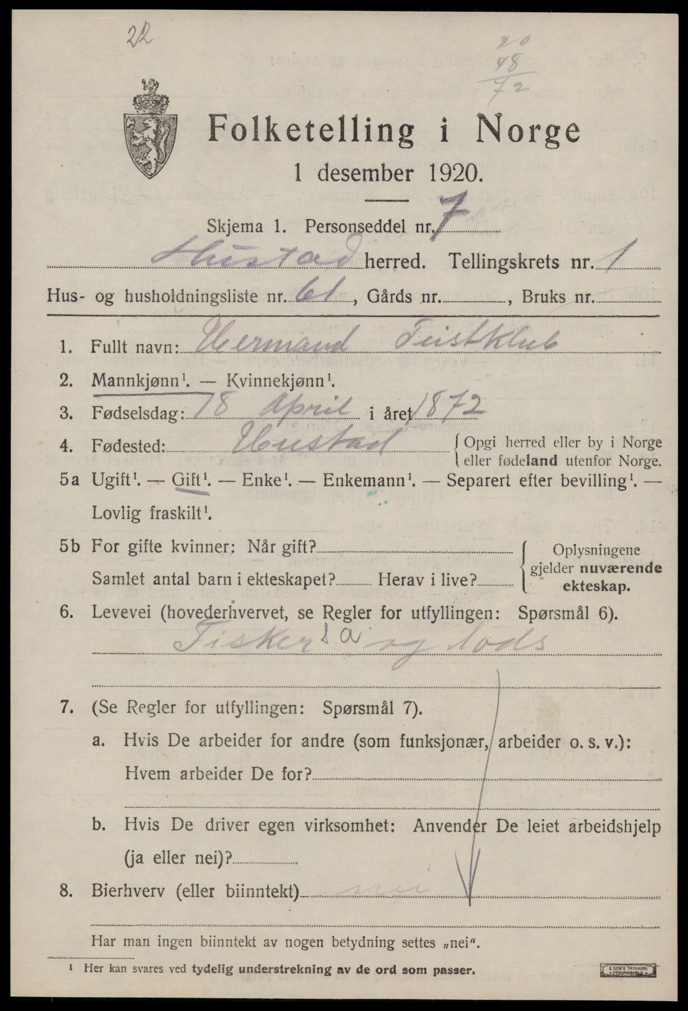 SAT, 1920 census for Hustad, 1920, p. 1511