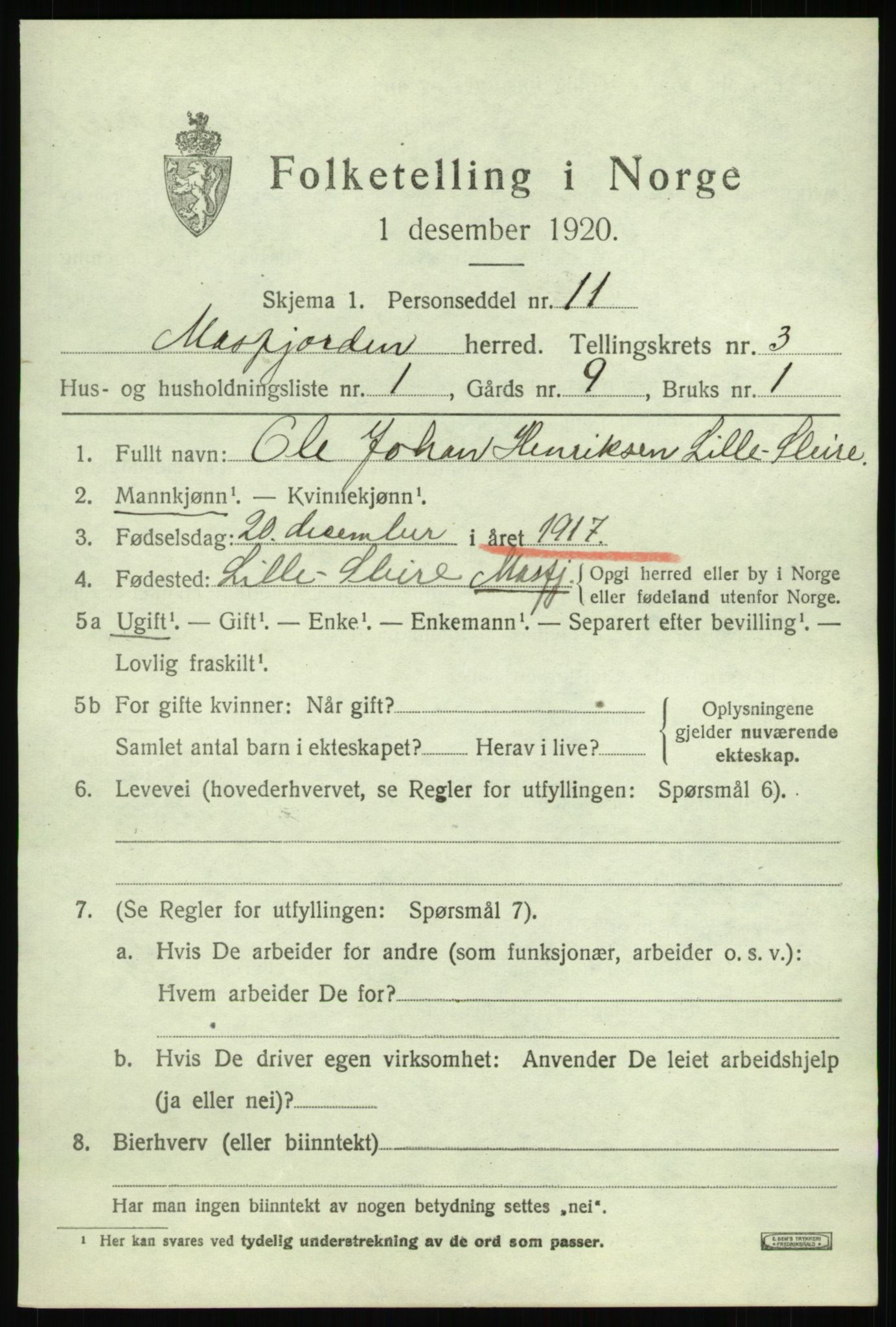 SAB, 1920 census for Masfjorden, 1920, p. 1405