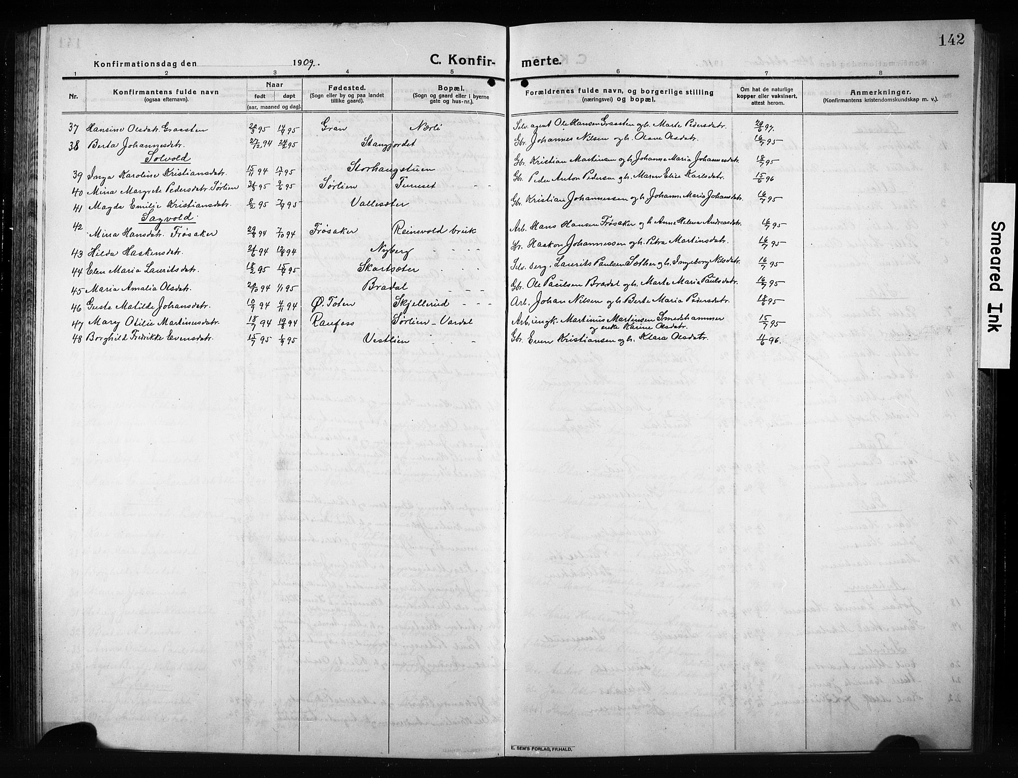 Vestre Toten prestekontor, AV/SAH-PREST-108/H/Ha/Hab/L0012: Parish register (copy) no. 12, 1909-1928, p. 142