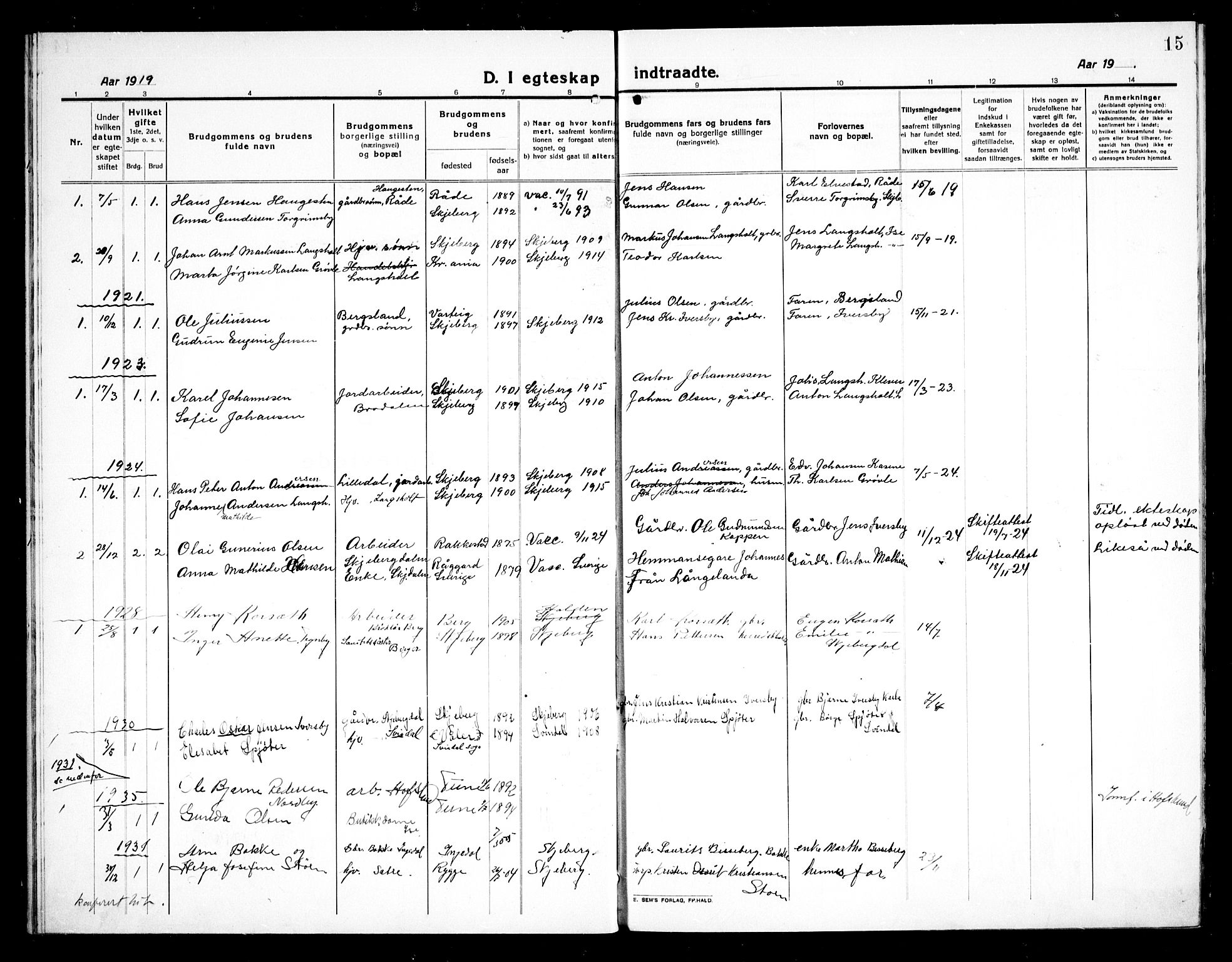 Skjeberg prestekontor Kirkebøker, AV/SAO-A-10923/G/Gc/L0002: Parish register (copy) no. III 2, 1918-1938, p. 15