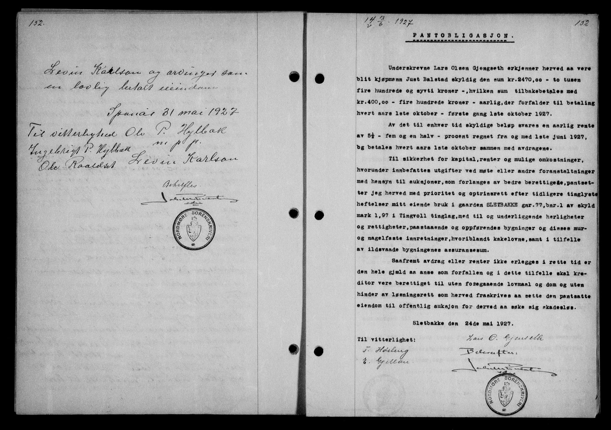 Nordmøre sorenskriveri, AV/SAT-A-4132/1/2/2Ca/L0062: Mortgage book no. 52, 1927-1927, Deed date: 13.06.1927