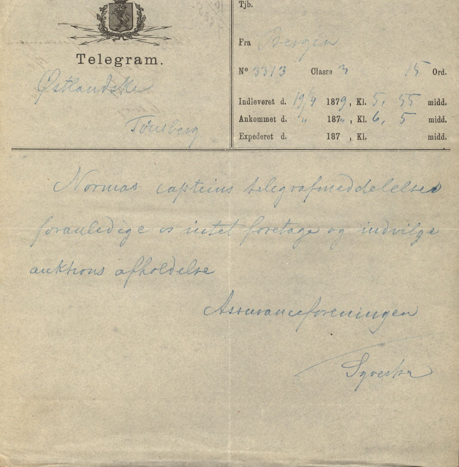 Pa 63 - Østlandske skibsassuranceforening, VEMU/A-1079/G/Ga/L0011/0033: Havaridokumenter / Norma, 1879