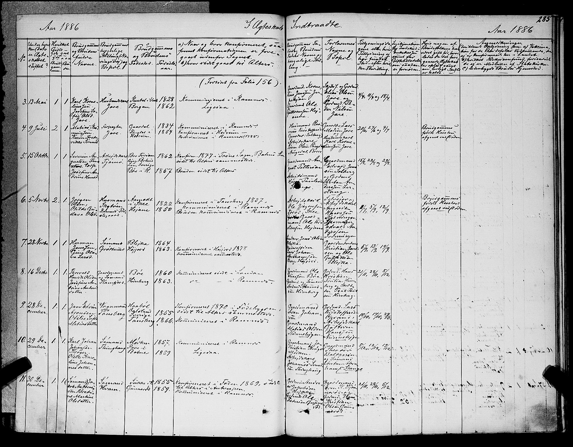 Ramnes kirkebøker, SAKO/A-314/G/Ga/L0003: Parish register (copy) no. I 3, 1870-1896, p. 285