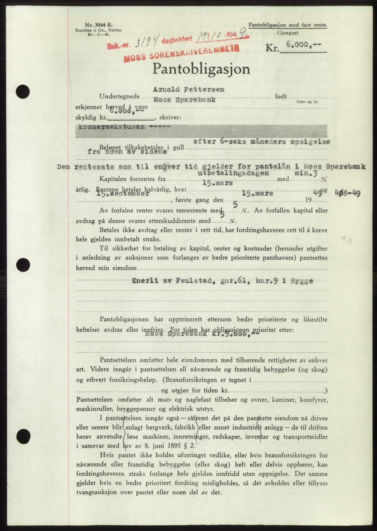 Moss sorenskriveri, SAO/A-10168: Mortgage book no. B23, 1949-1950, Diary no: : 3194/1949