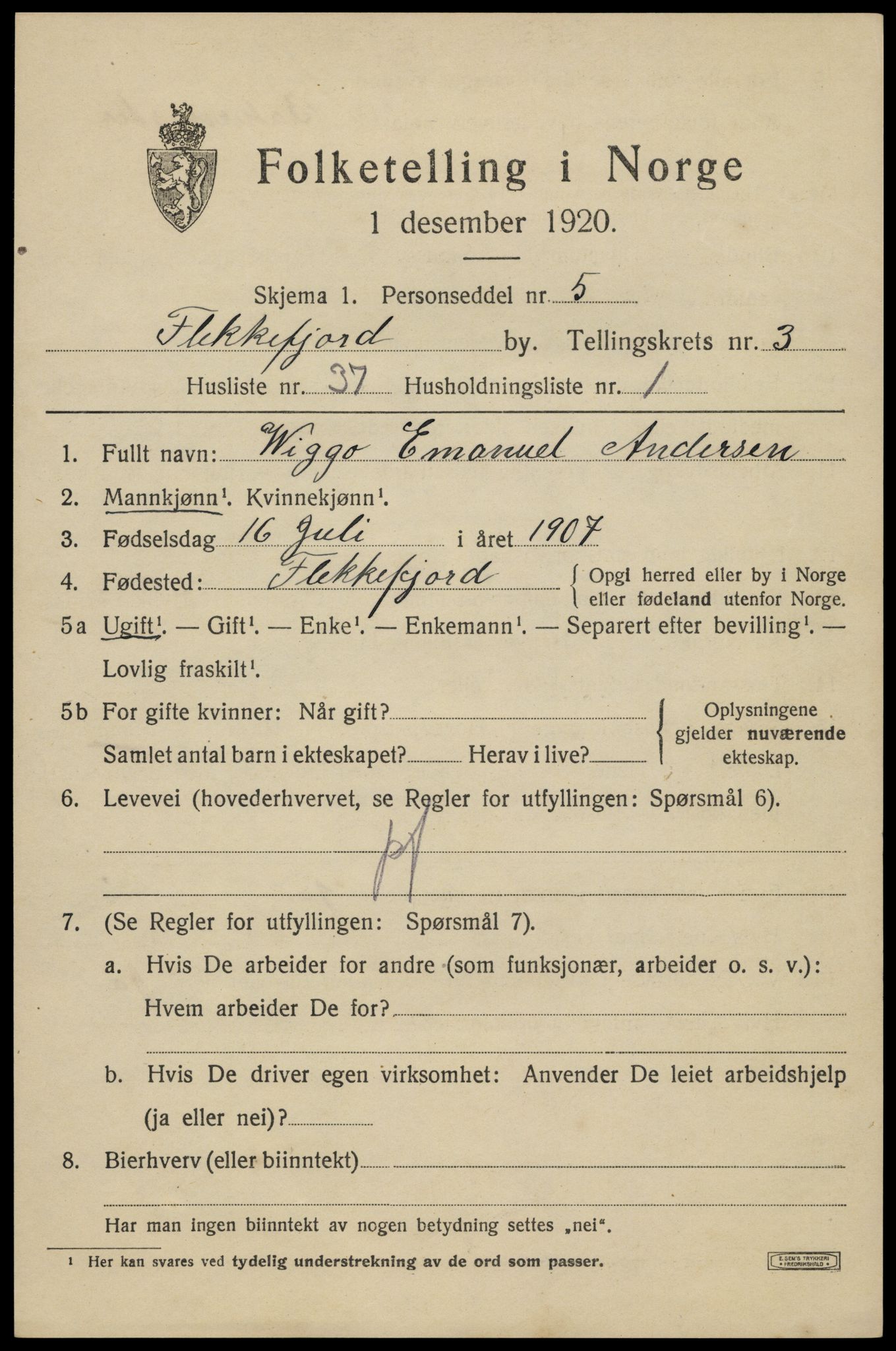 SAK, 1920 census for Flekkefjord, 1920, p. 3842