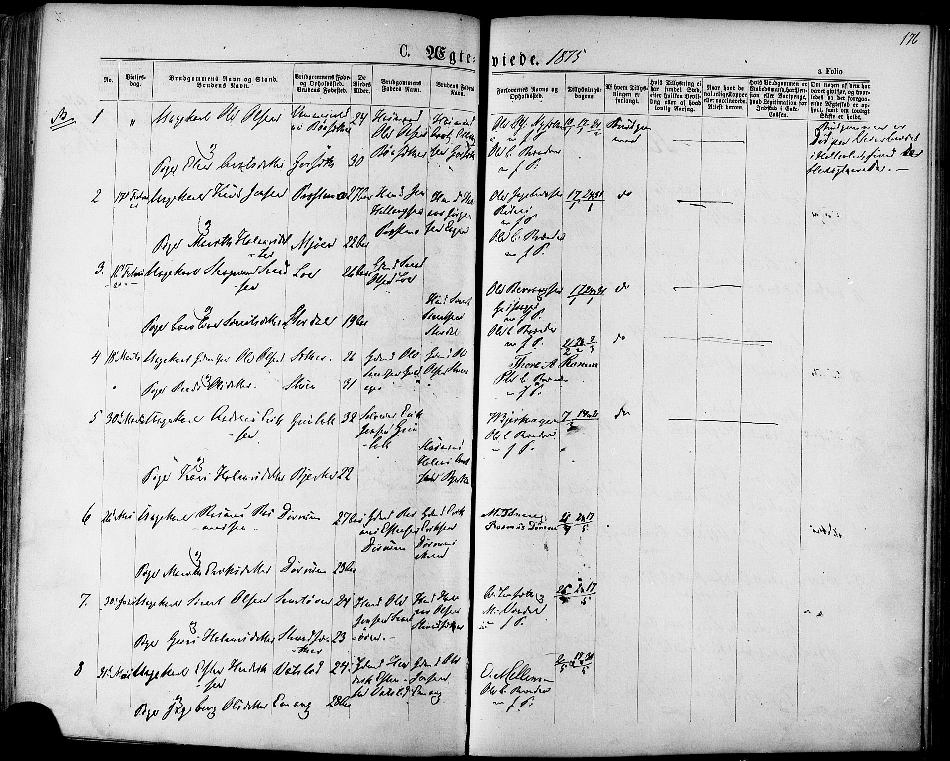 Ministerialprotokoller, klokkerbøker og fødselsregistre - Sør-Trøndelag, AV/SAT-A-1456/678/L0900: Parish register (official) no. 678A09, 1872-1881, p. 176